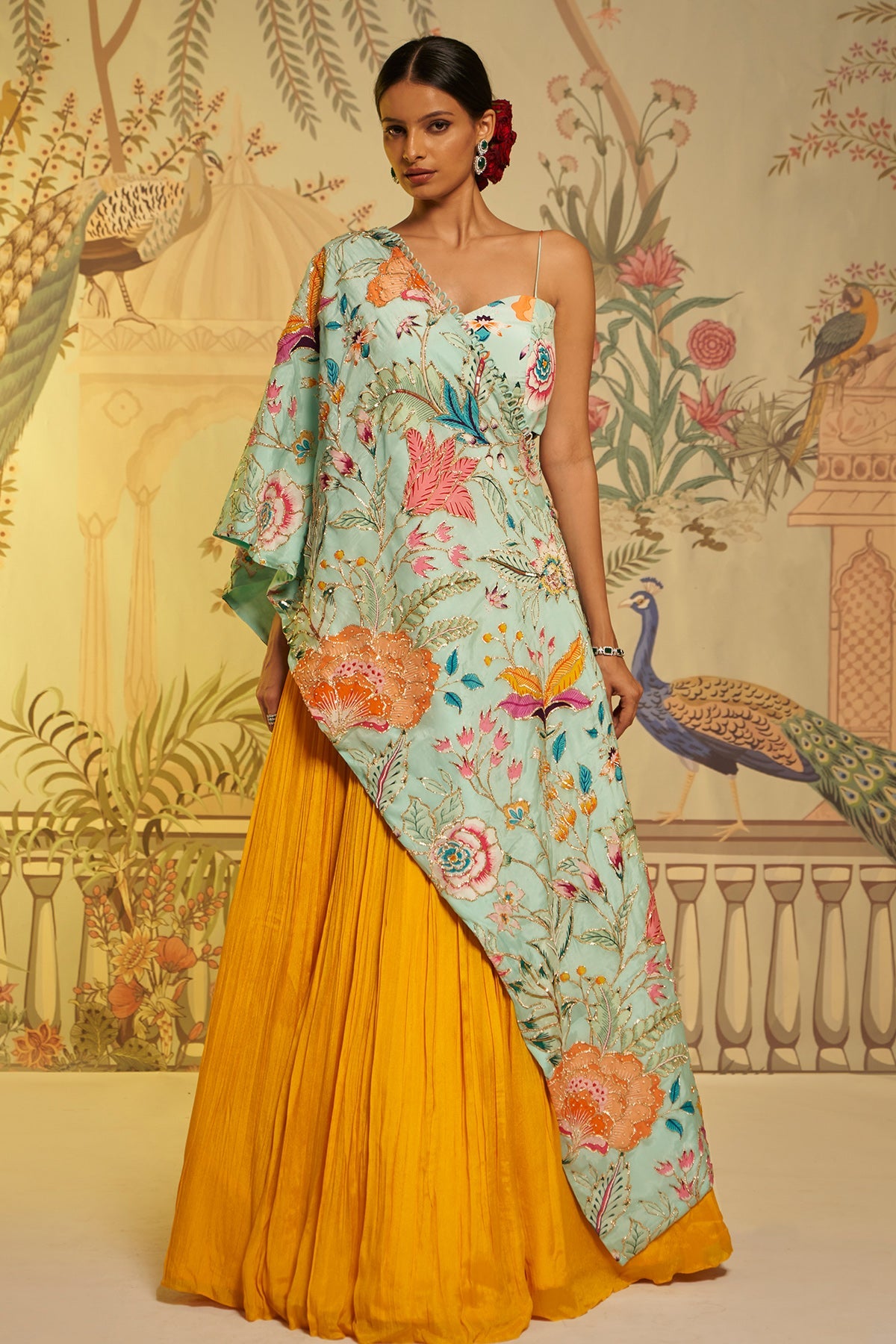 Aqua Cape Lehenga: Hand Embroidered Elegance