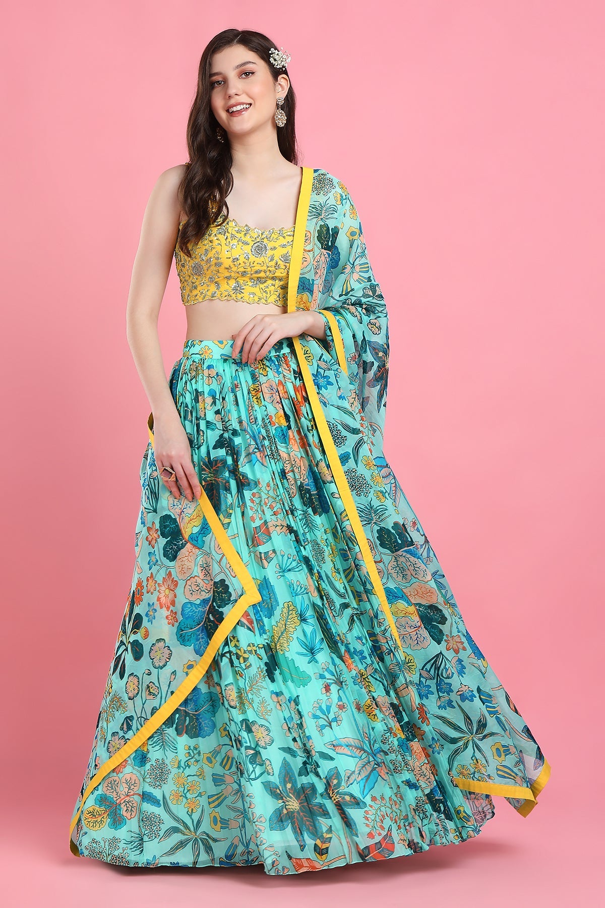 Sitara Aqua Lehenga with Yellow blouse