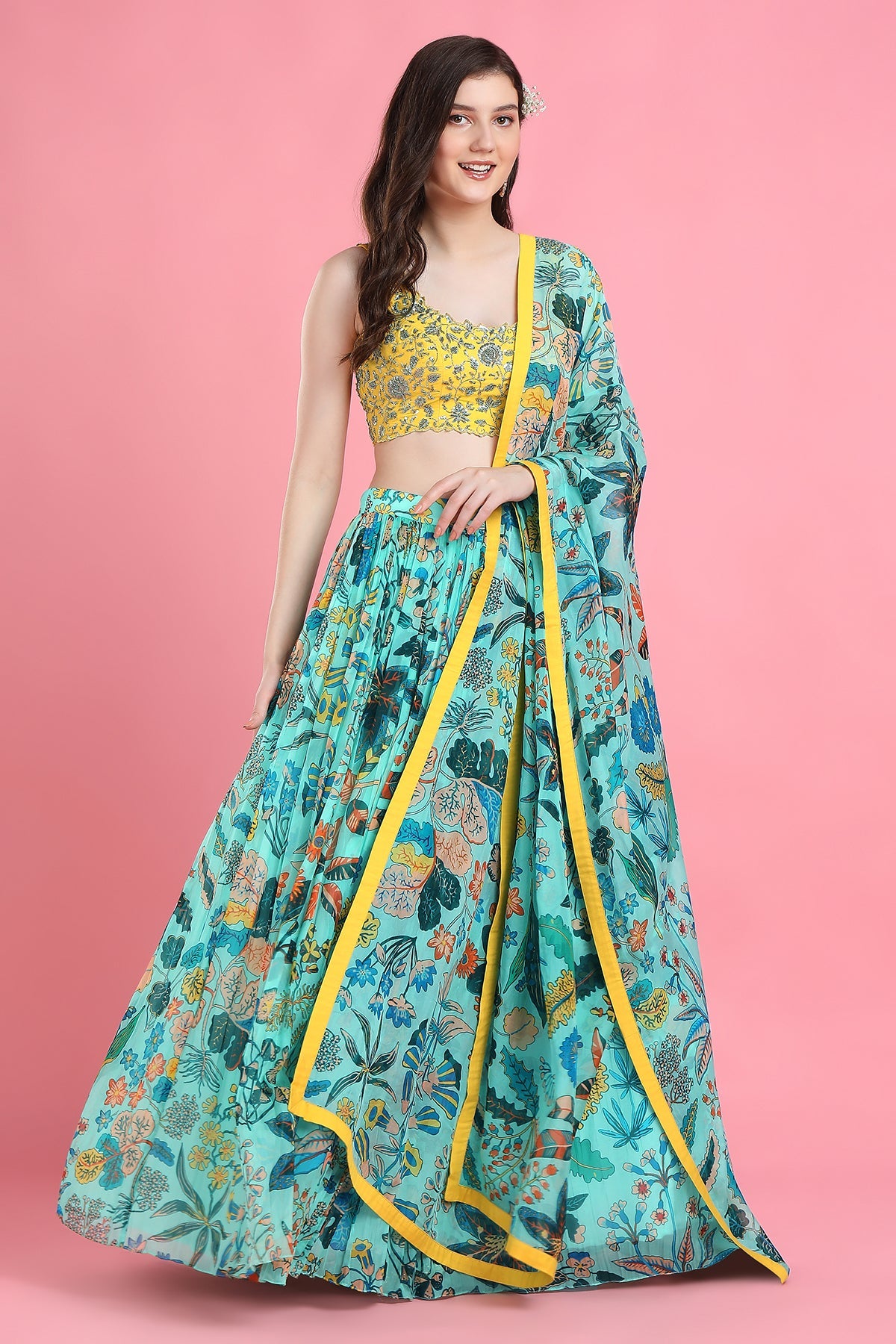 Sitara Aqua Lehenga with Yellow blouse