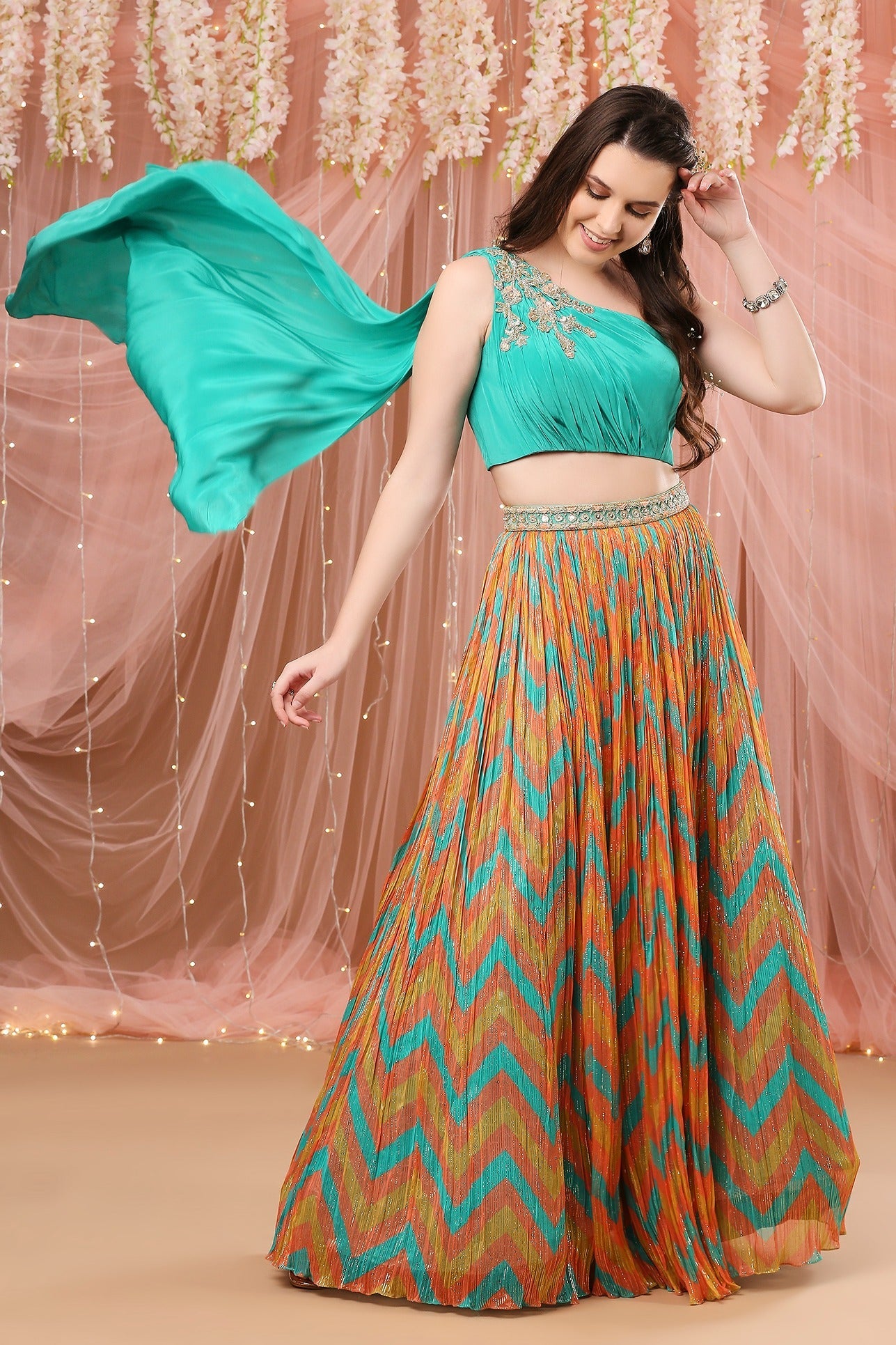 Chevron One Shoulder Lehenga