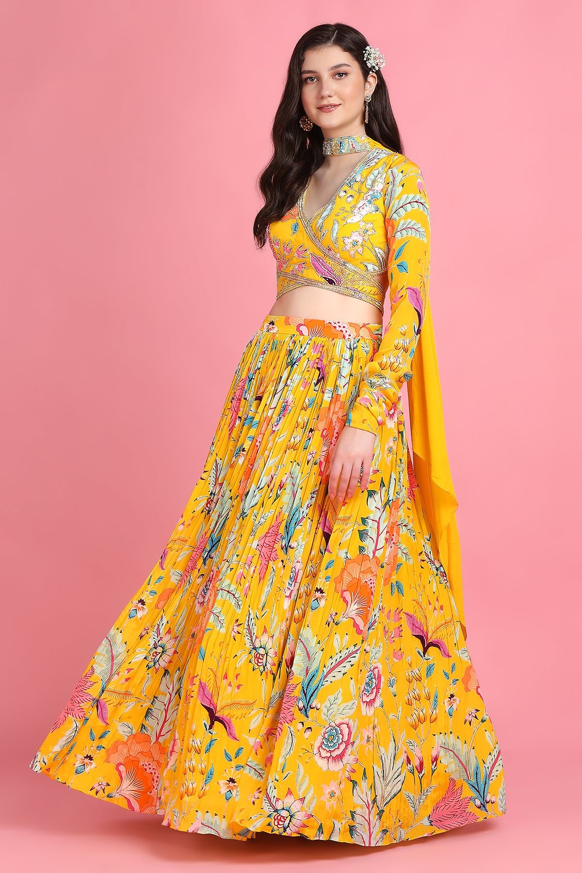 YELLOW OVERLAP LEHENGA