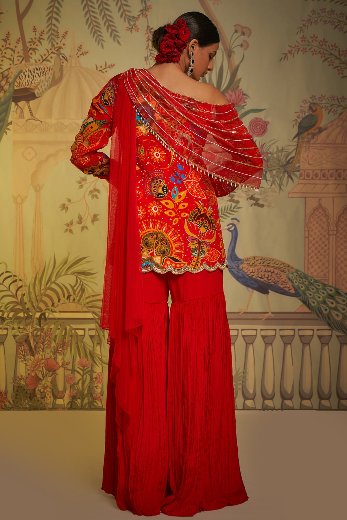 Scarlet Phulvaari Off Shoulder Gharara