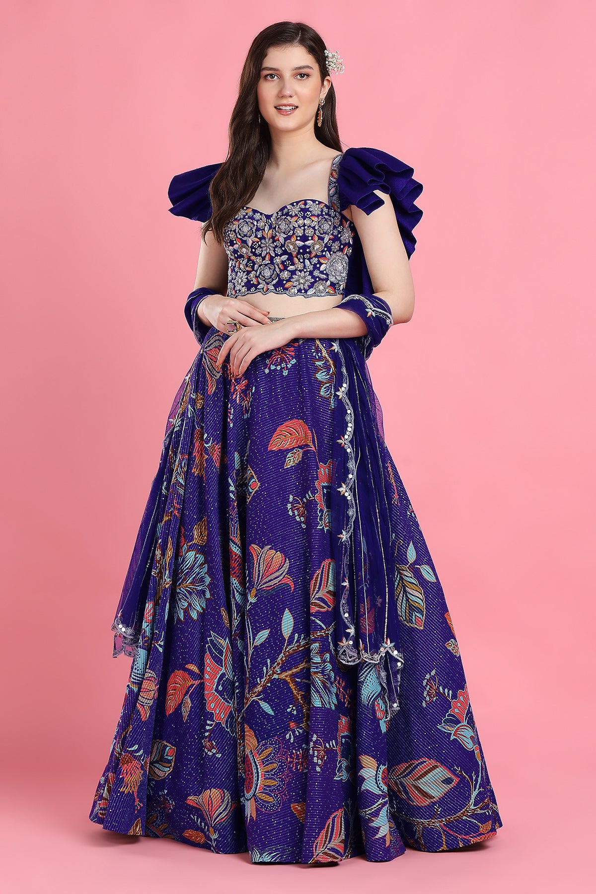 Purple Sequin Frill Blouse Lehenga
