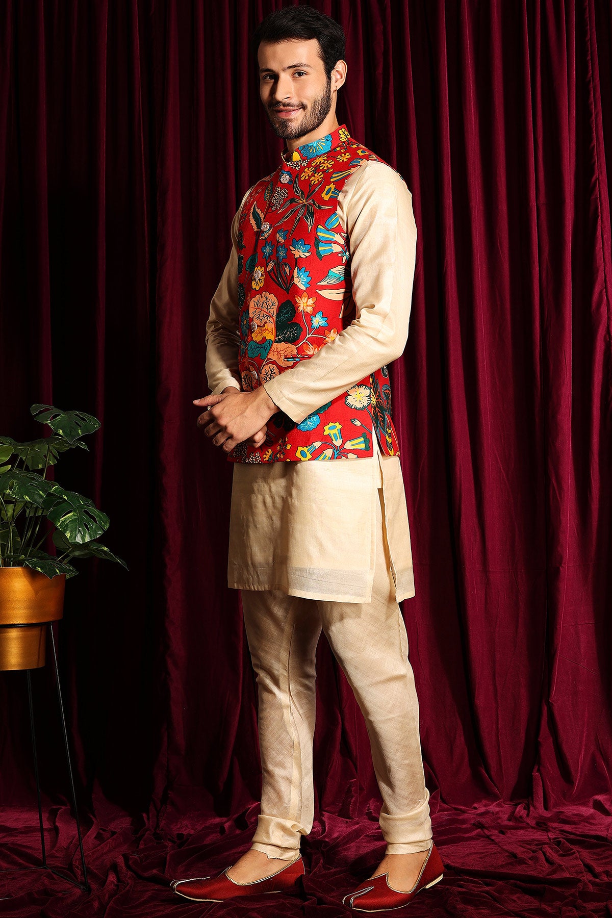 Kurta Churidar With Printed Raw Silk Bundi Set
