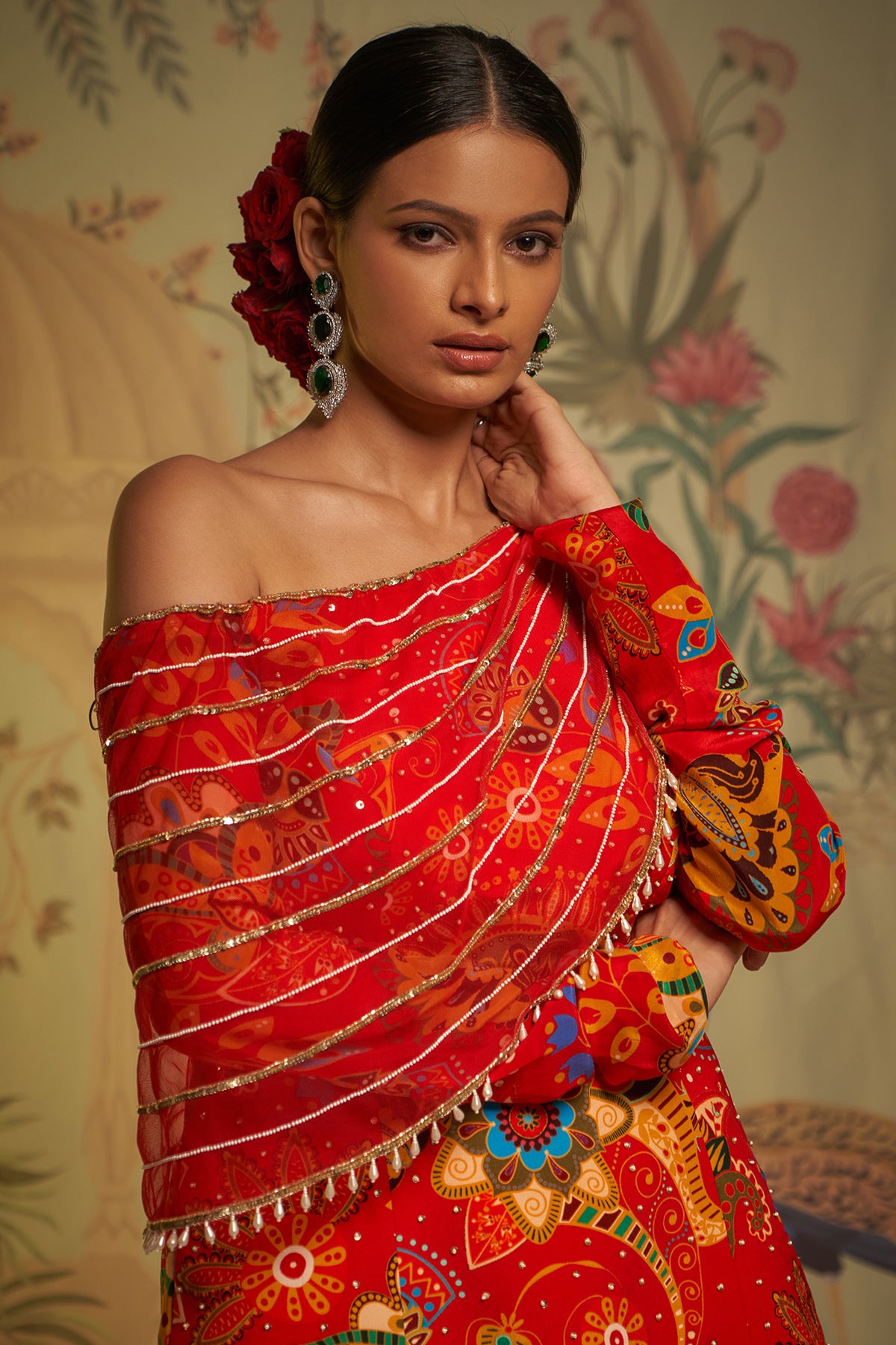 Scarlet Phulvaari Off Shoulder Gharara