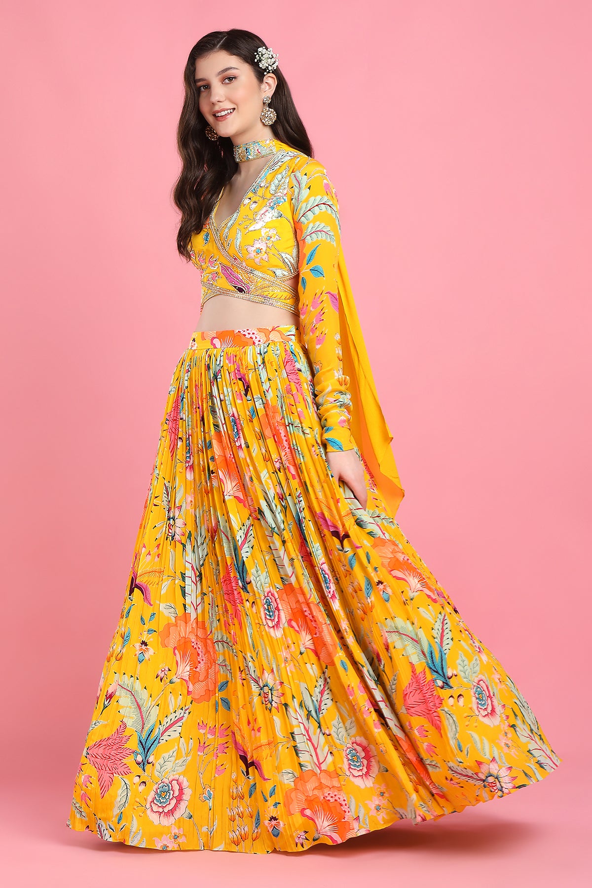 YELLOW OVERLAP LEHENGA