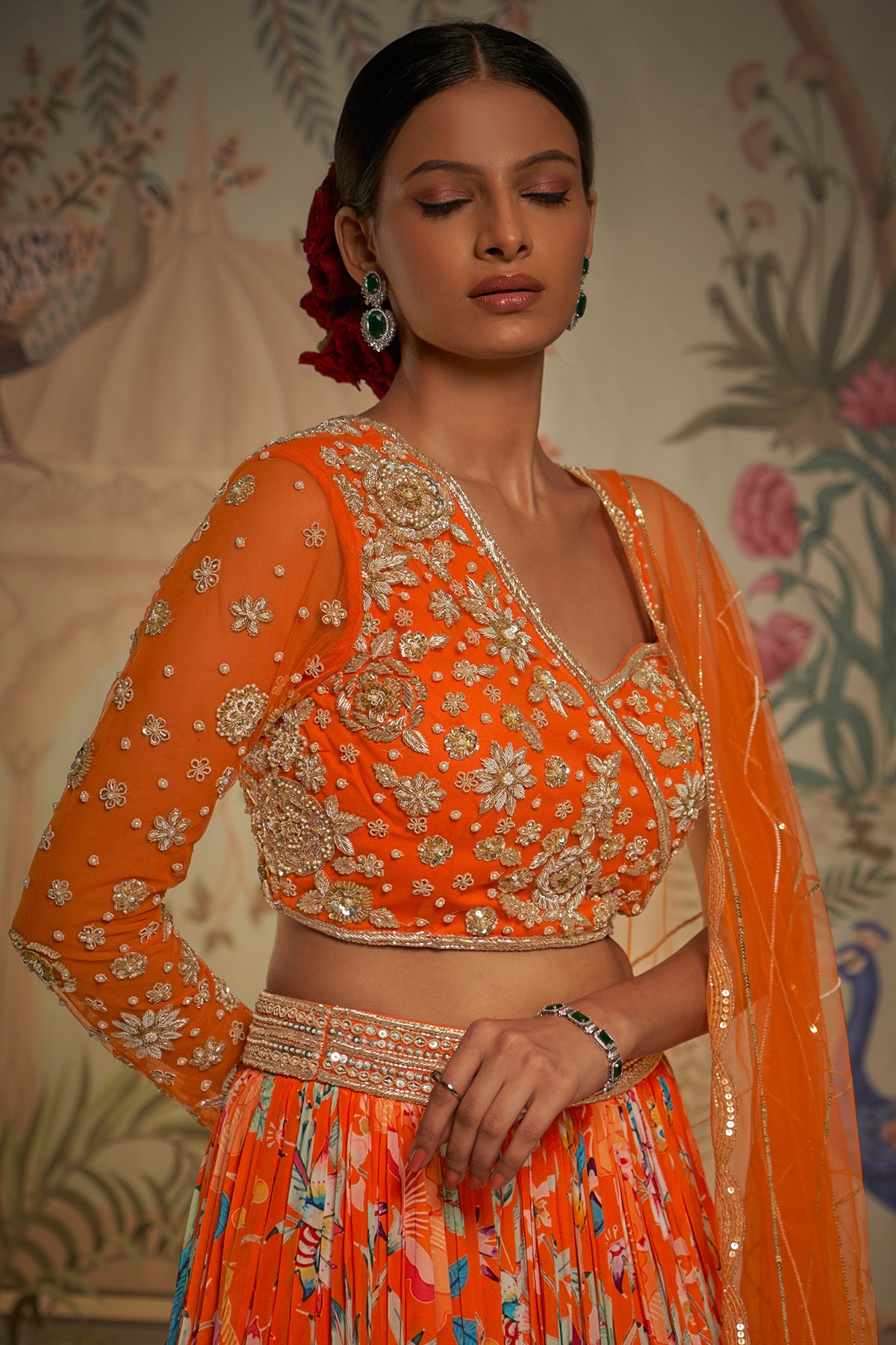 Tangerine One Shoulder Lehenga
