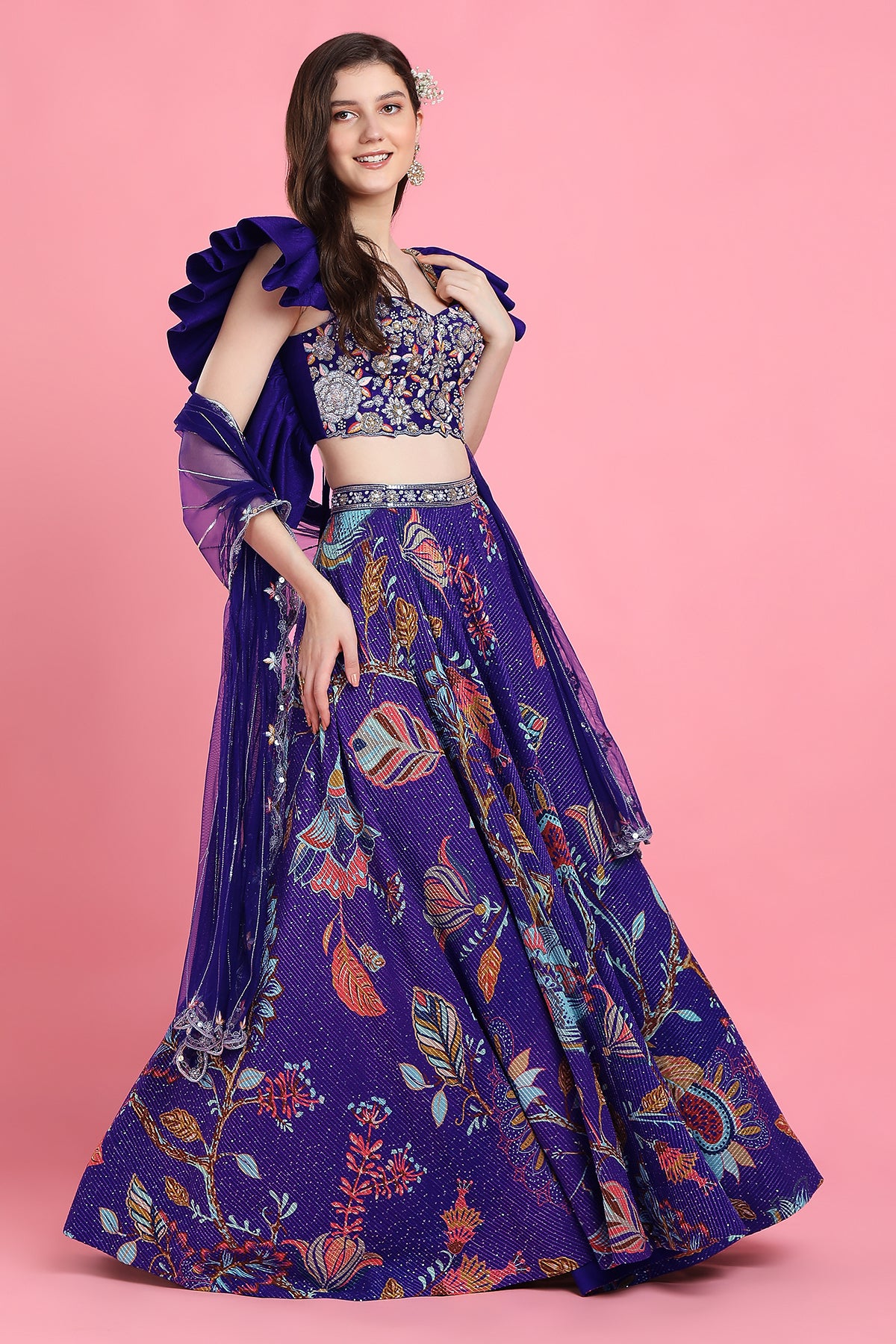 Purple Sequin Frill Blouse Lehenga