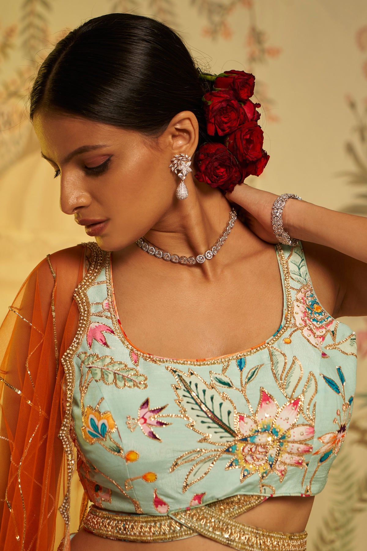 Aqua Criss Crosss Strap Blouse Lehenga