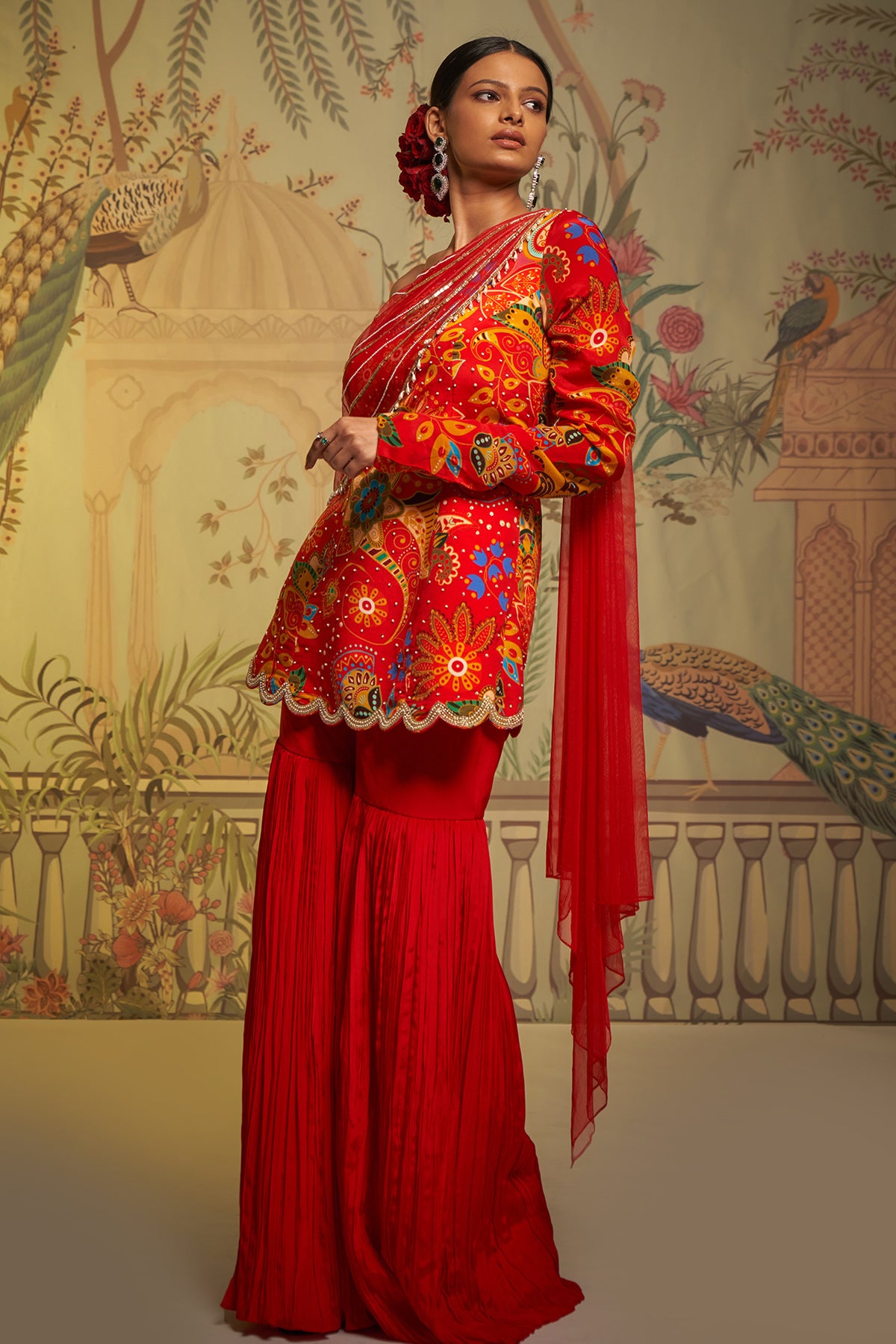 Scarlet Phulvaari Off Shoulder Gharara