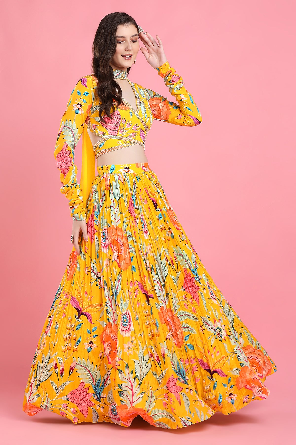 YELLOW OVERLAP LEHENGA