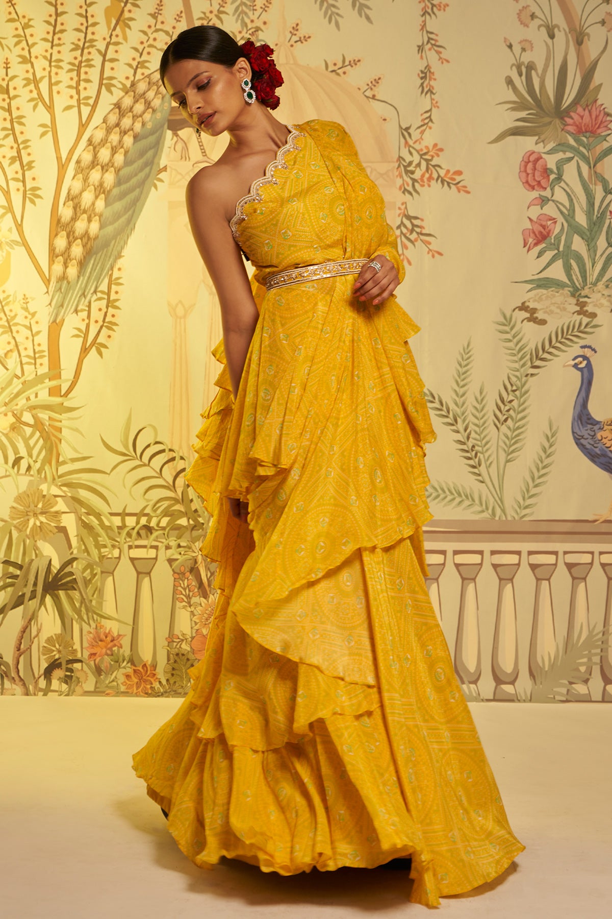 Yellow Bhandhini Frill Saree