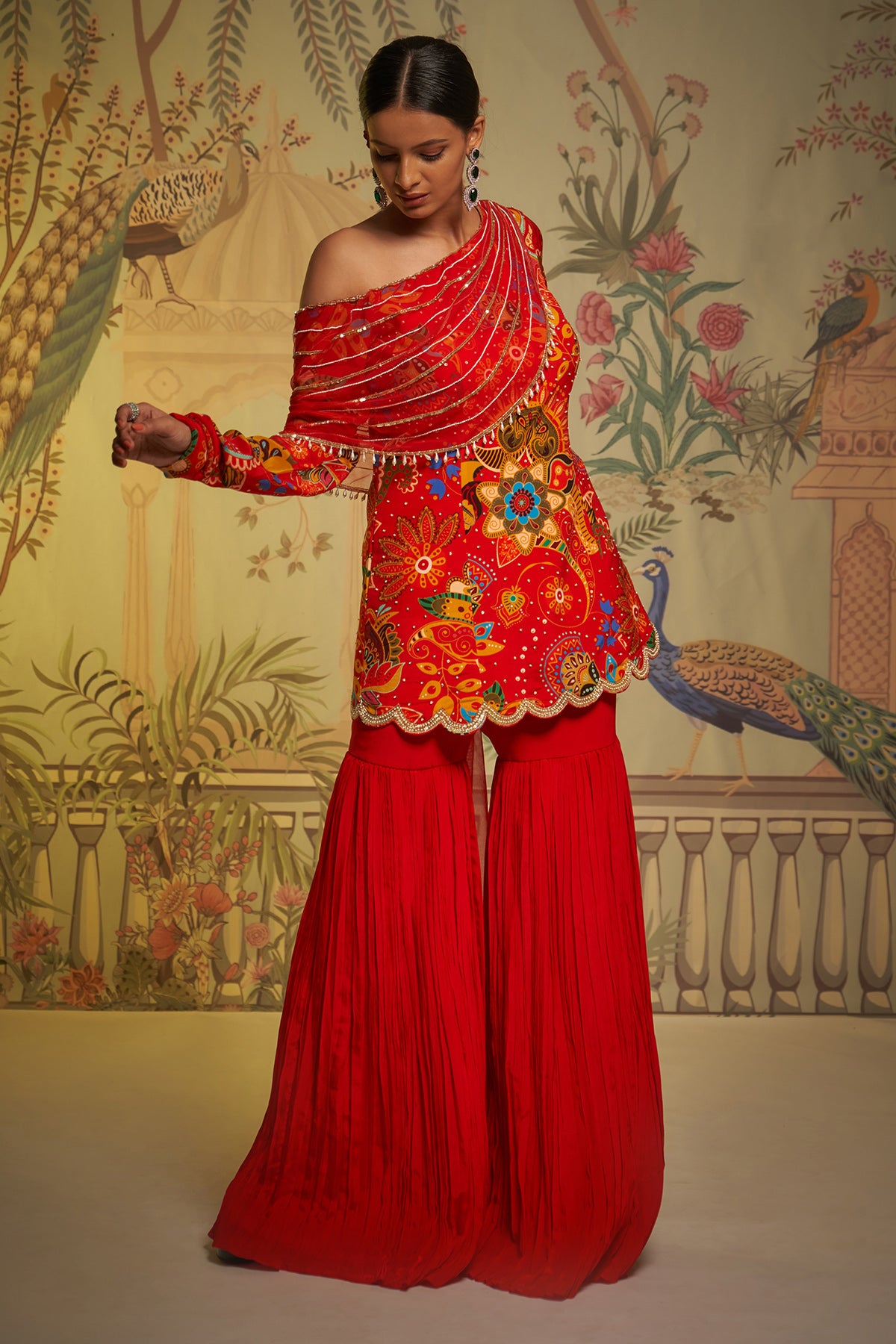 Scarlet Phulvaari Off Shoulder Gharara