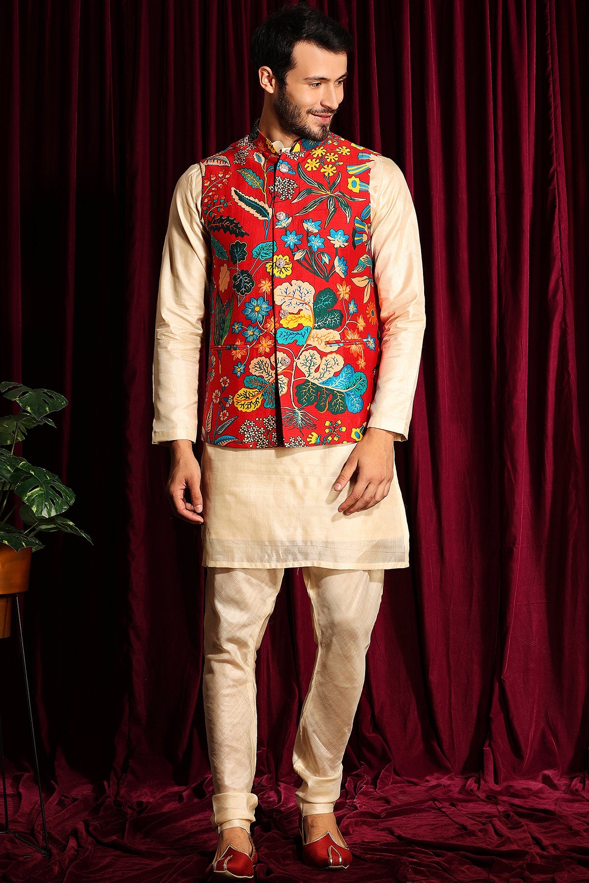 Kurta Churidar With Printed Raw Silk Bundi Set