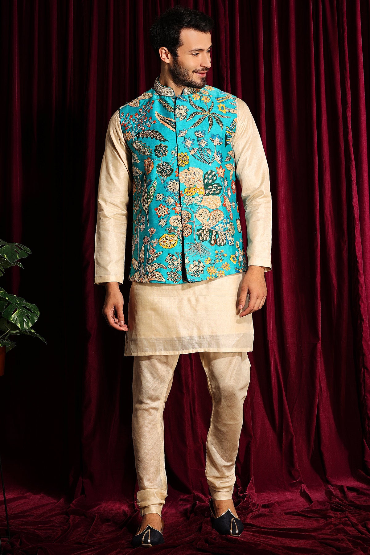Cotton Silk Kurta Chudidar With Raw Silk Embroidered Bundi Set