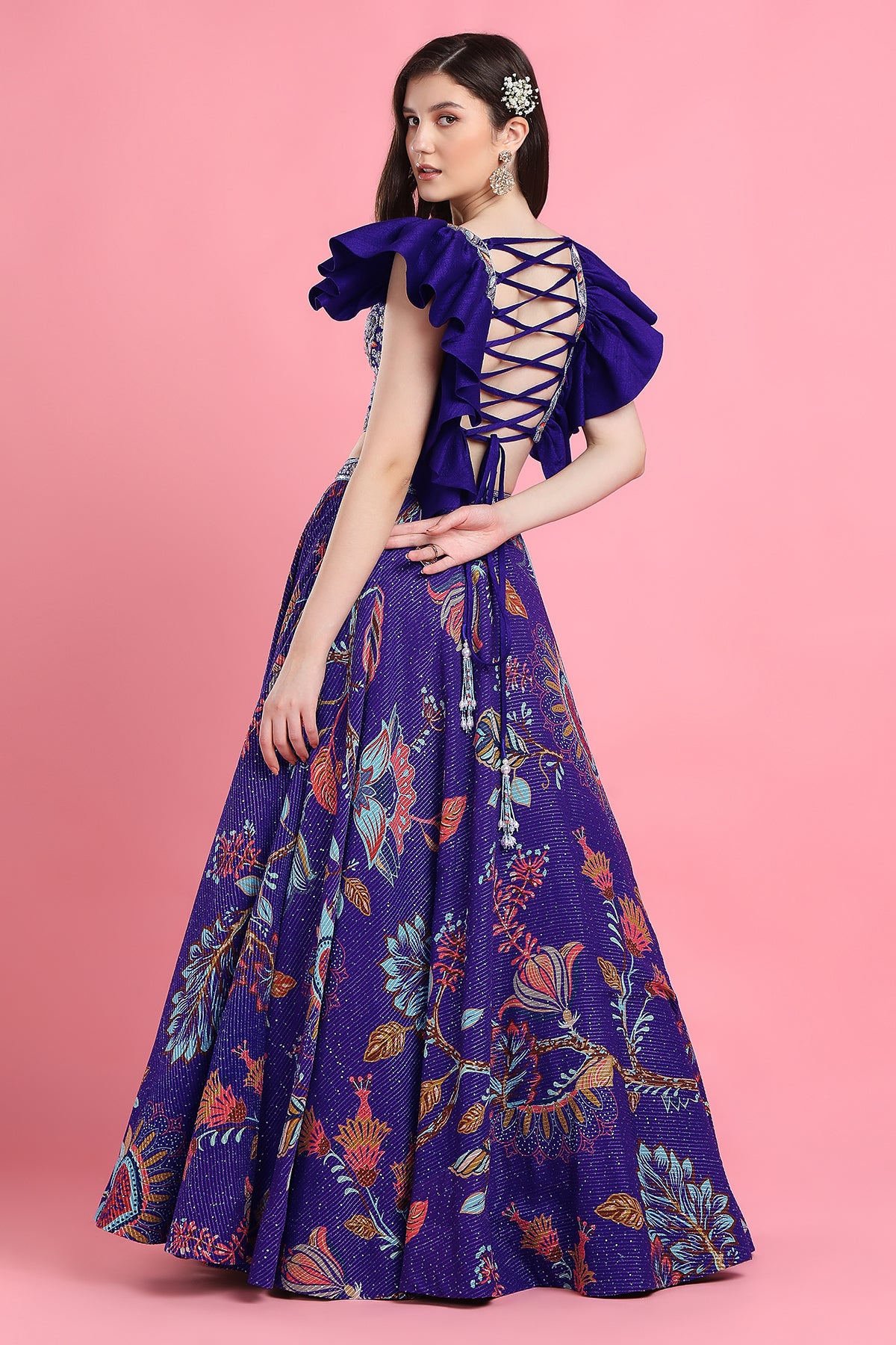 Purple Sequin Frill Blouse Lehenga