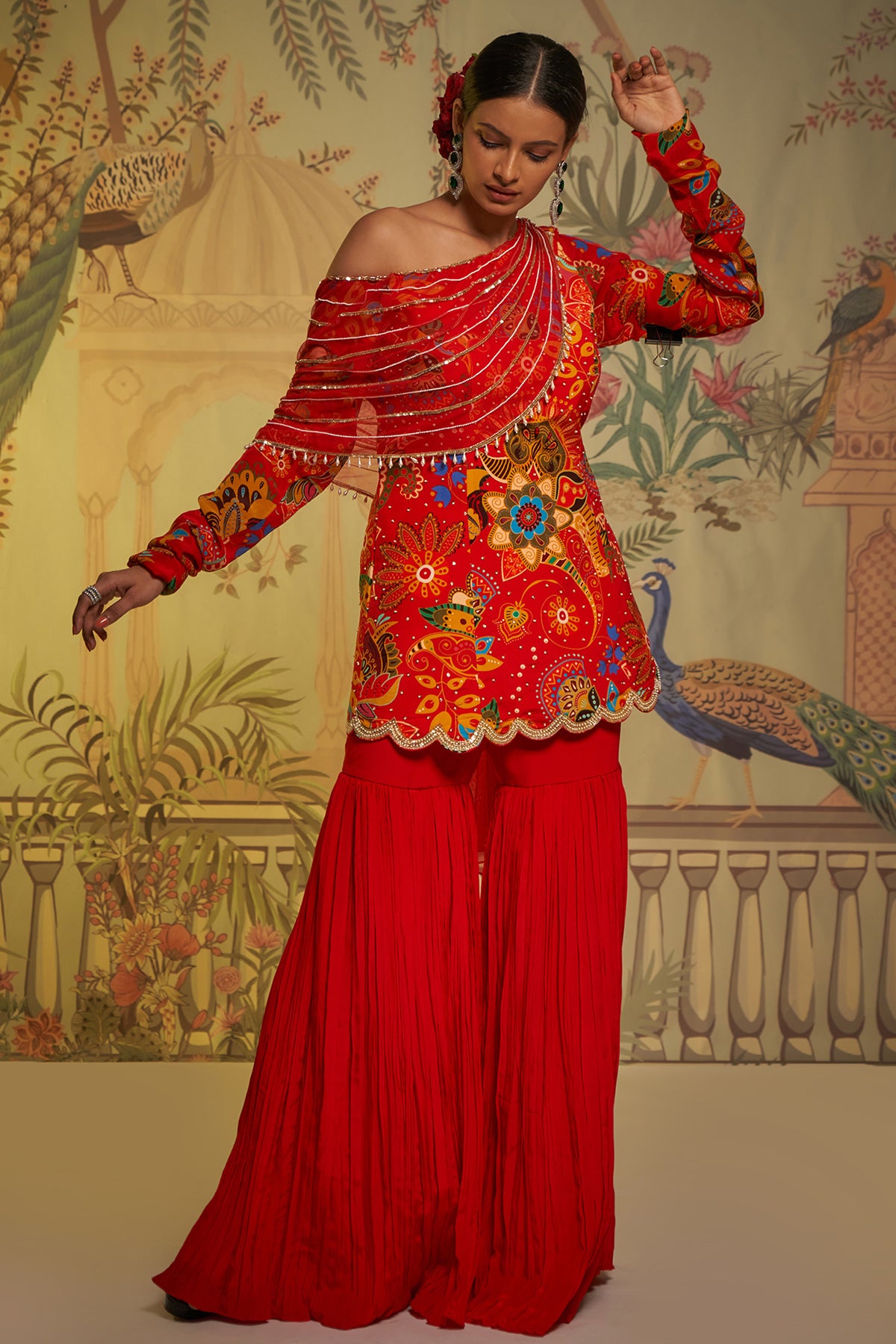 Scarlet Phulvaari Off Shoulder Gharara