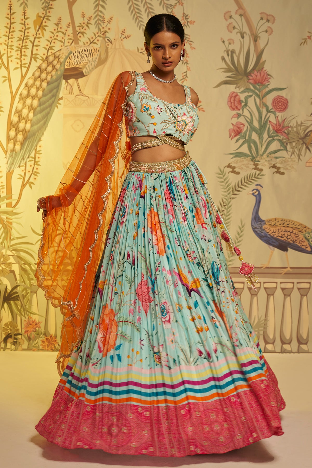 Aqua Criss Crosss Strap Blouse Lehenga