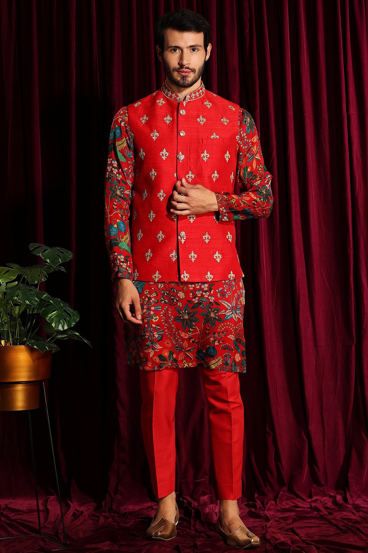 Men's Red Bundi & Kurta Set