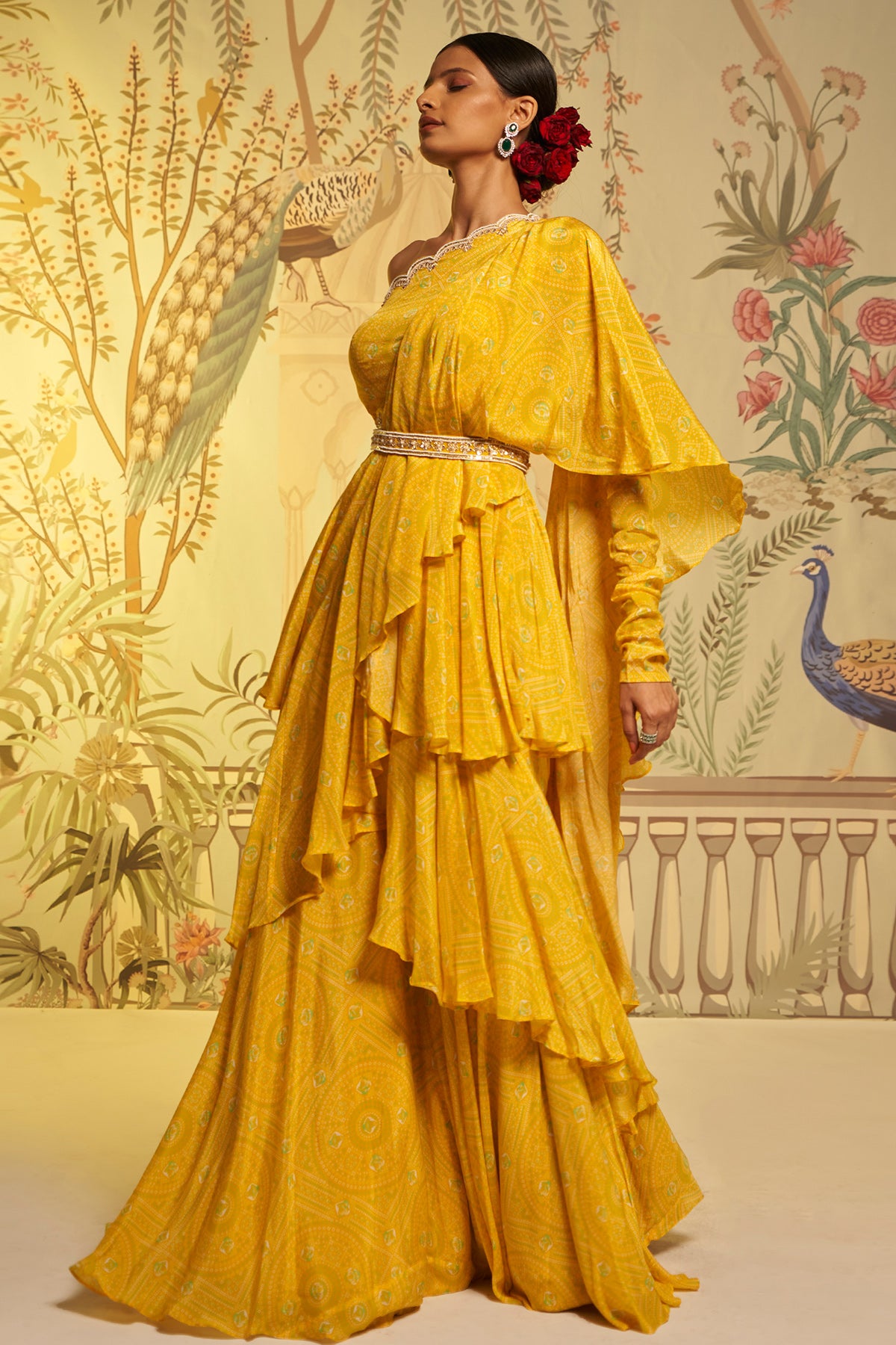 Yellow Bhandhini Frill Saree