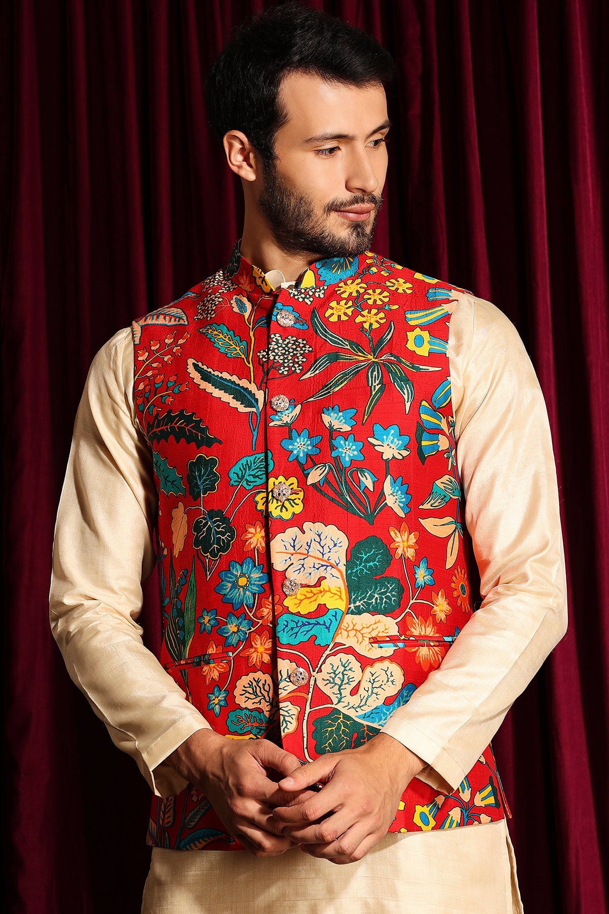 Kurta Churidar With Printed Raw Silk Bundi Set