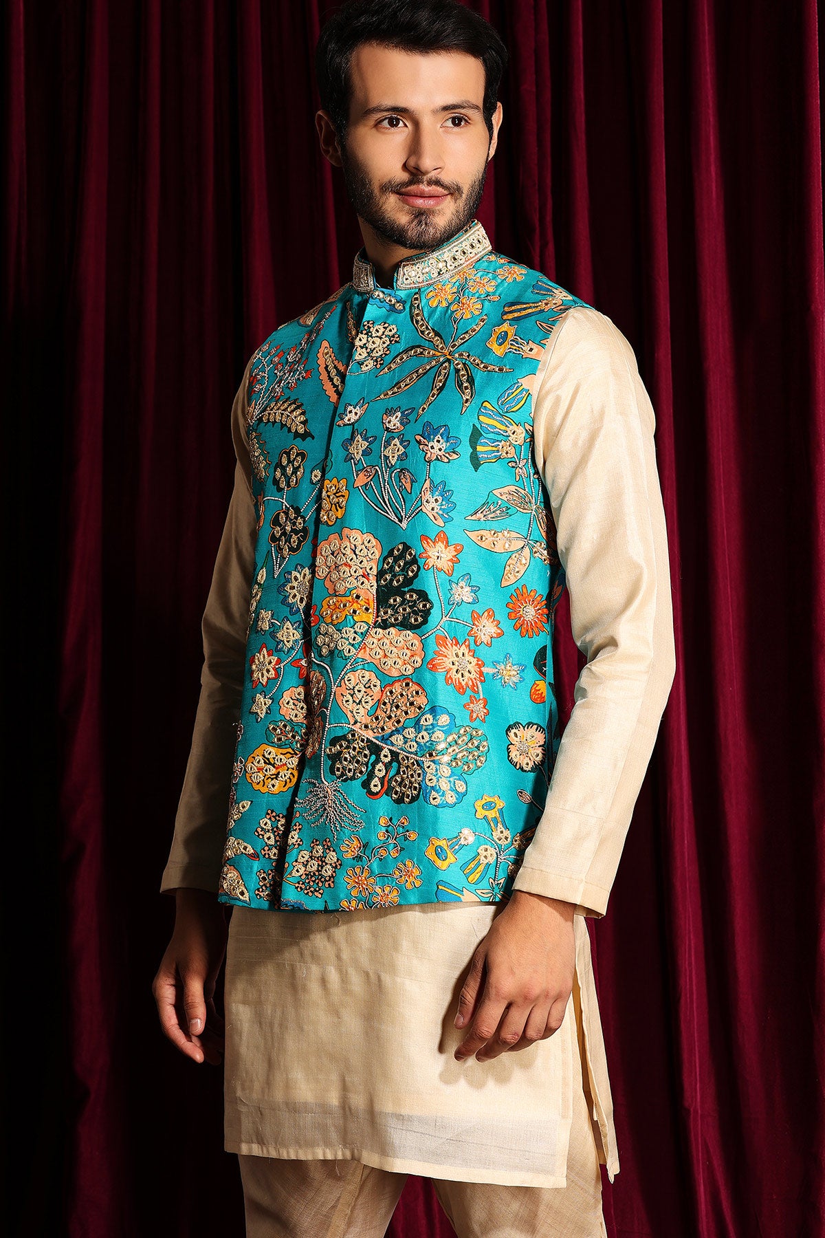 Cotton Silk Kurta Chudidar With Raw Silk Embroidered Bundi Set