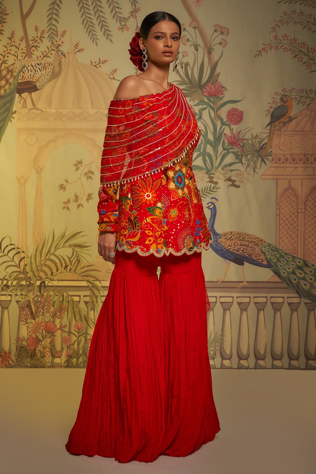 Scarlet Phulvaari Off Shoulder Gharara