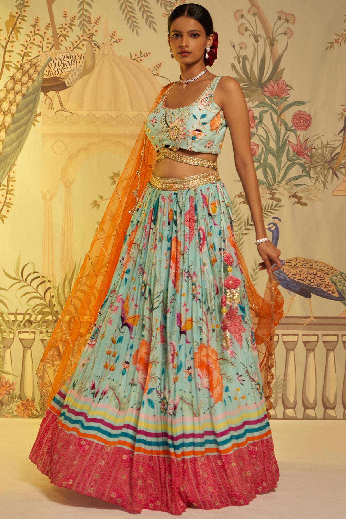 Aqua Criss Crosss Strap Blouse Lehenga