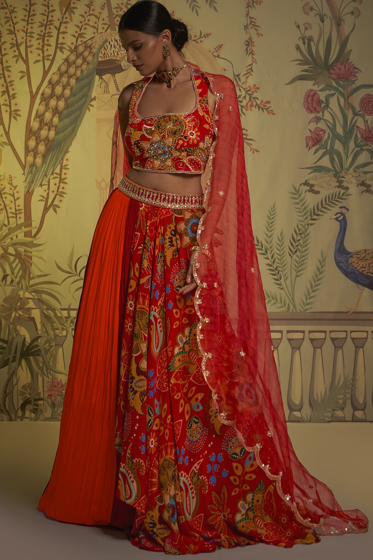 Red Orange Panel Lehenga