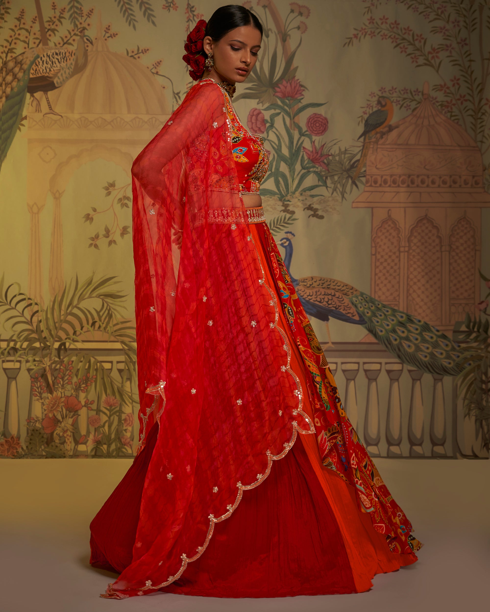 Red Orange Panel Lehenga