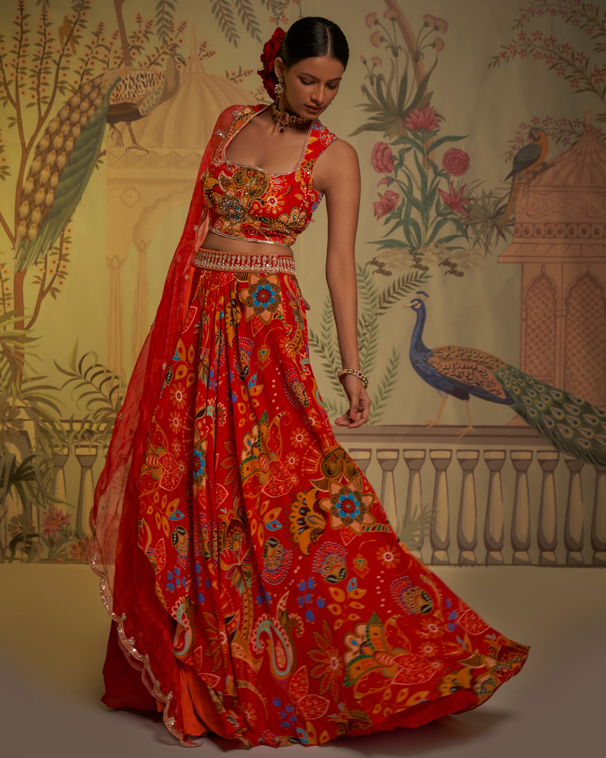 Red Orange Panel Lehenga