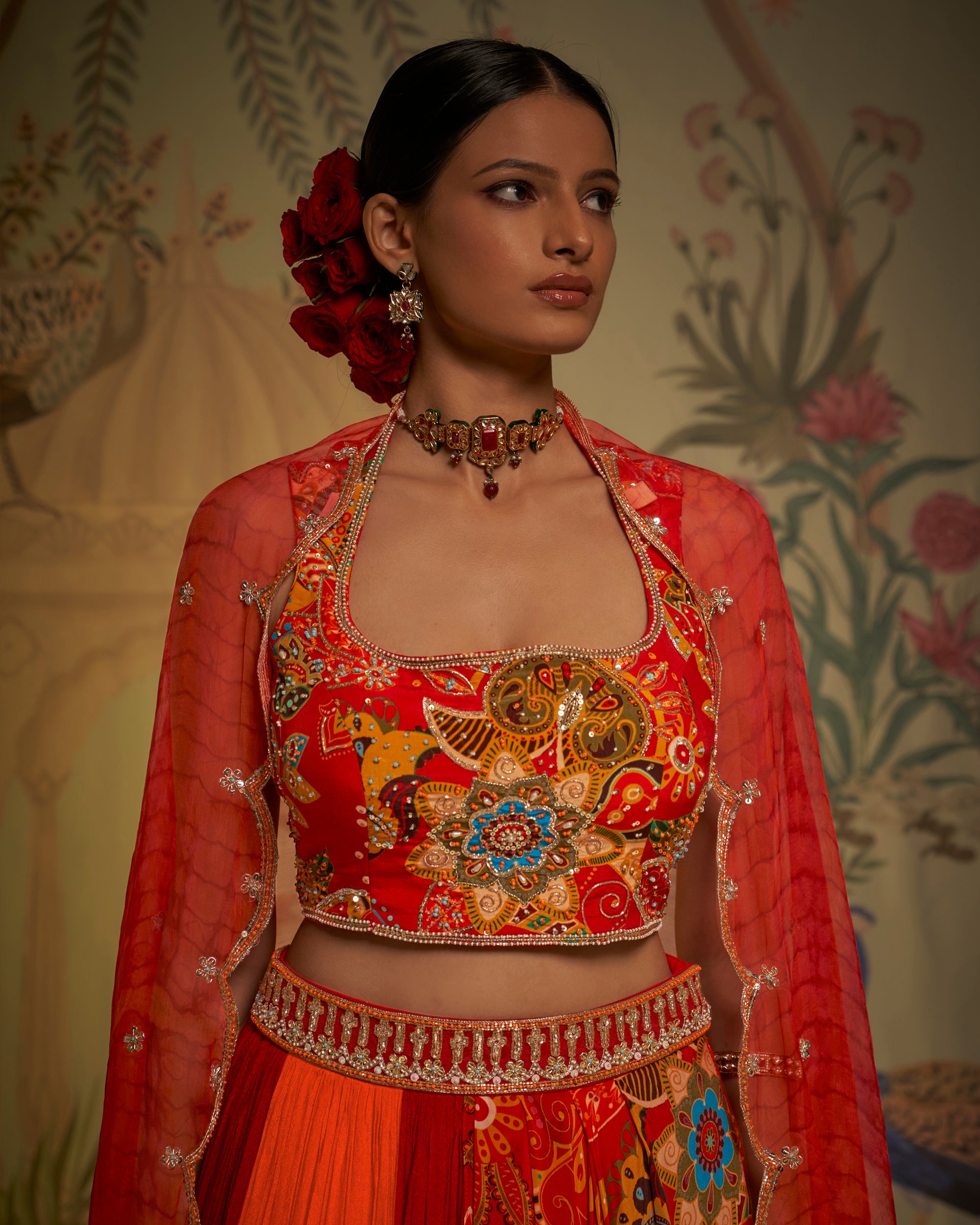 Red Orange Panel Lehenga