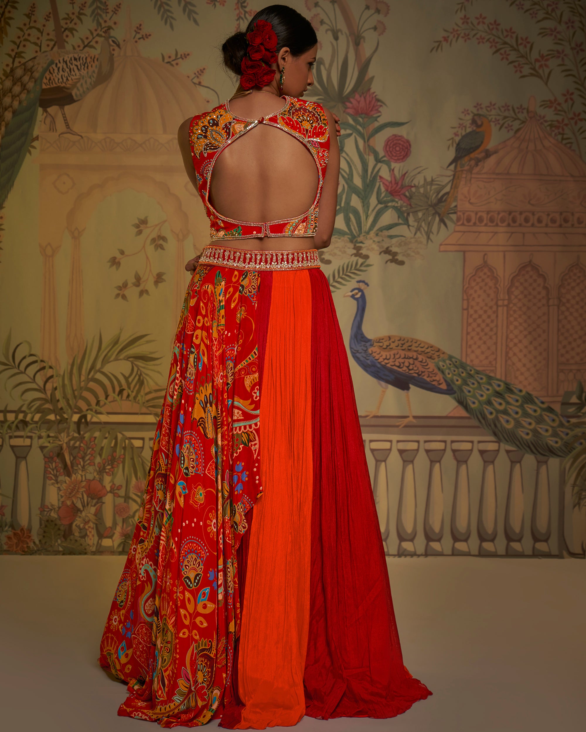 Red Orange Panel Lehenga