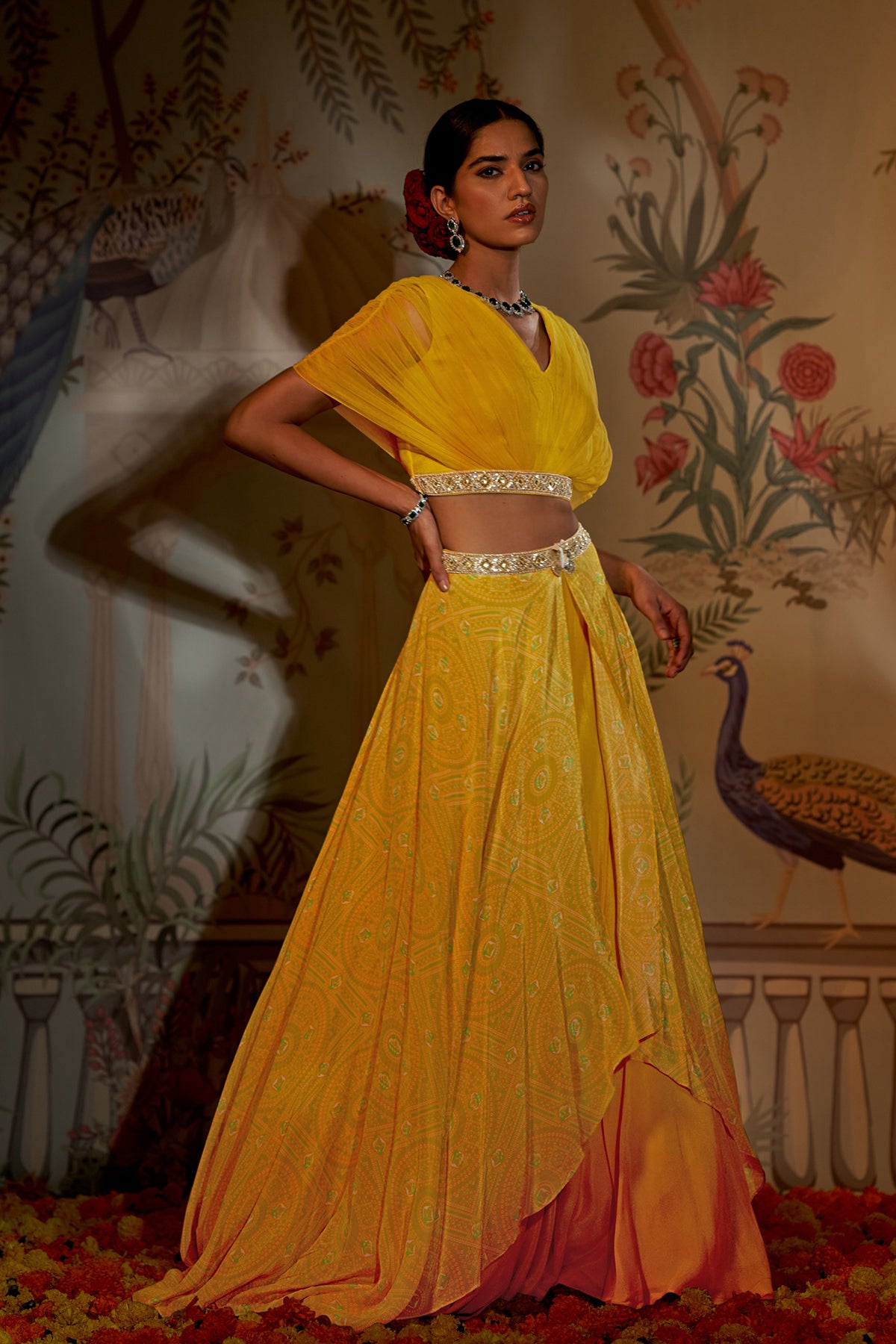 Yellow Bandhani Gathered Blouse Lehenga