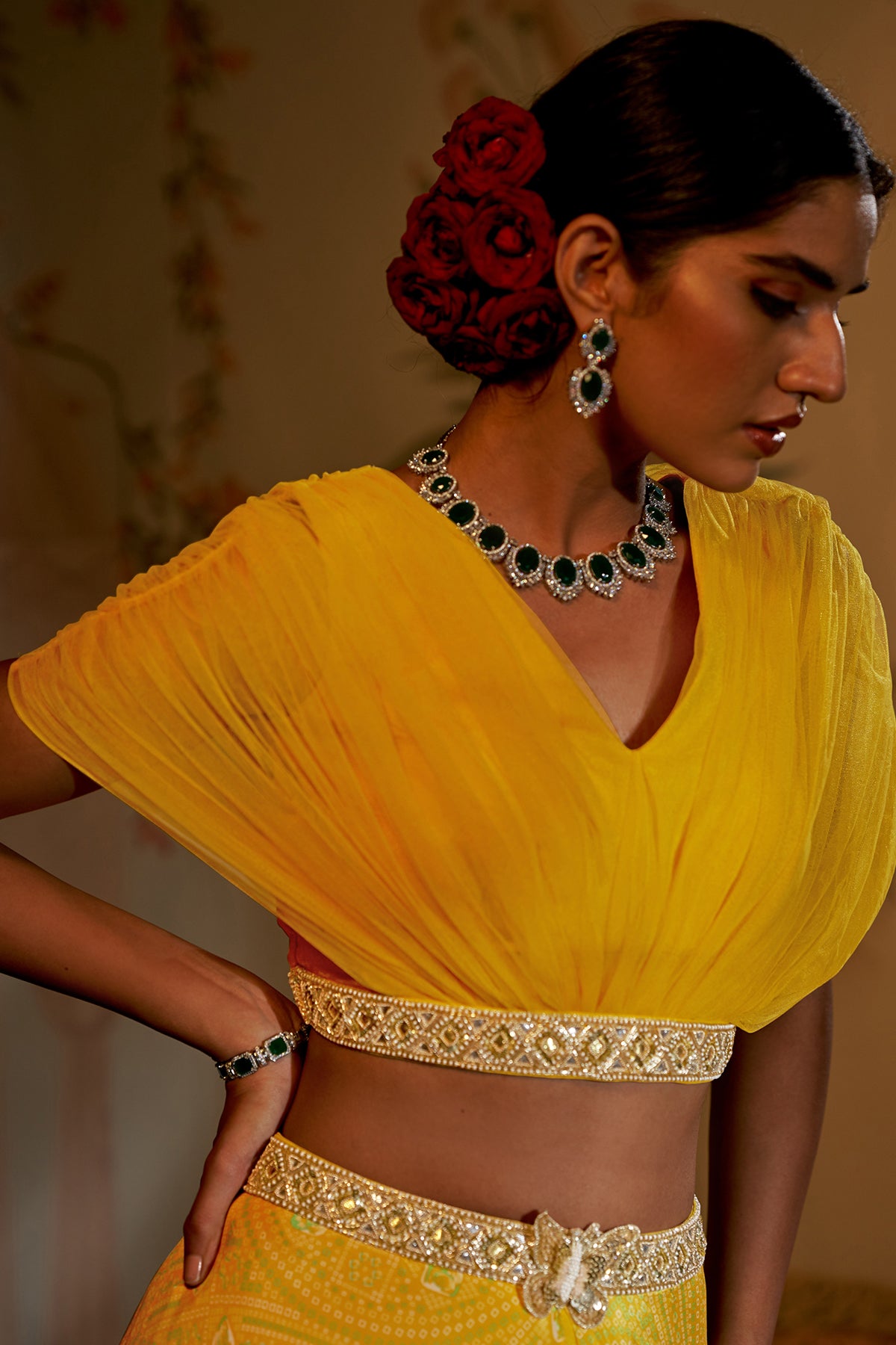 Yellow Bandhani Gathered Blouse Lehenga
