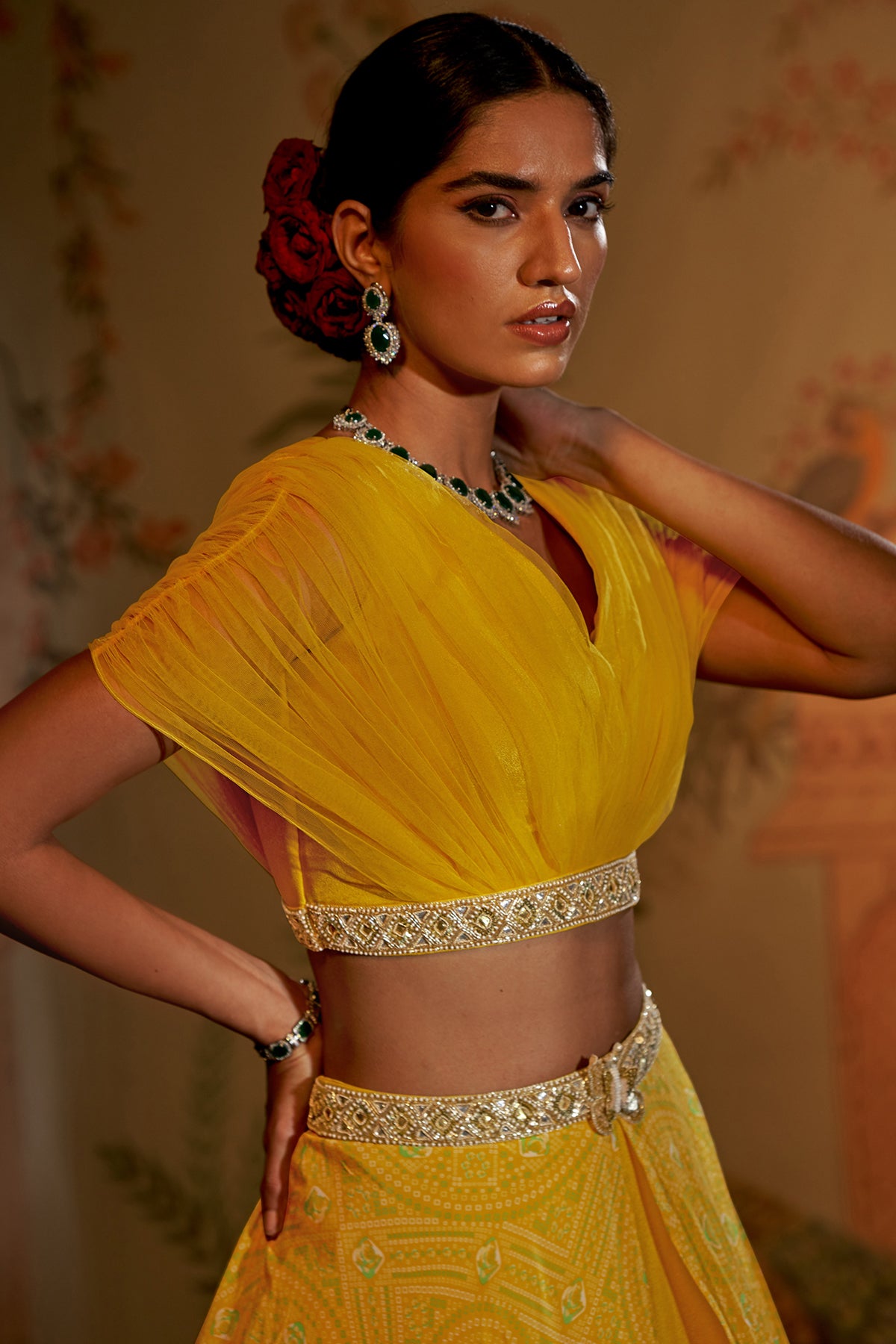Yellow Bandhani Gathered Blouse Lehenga