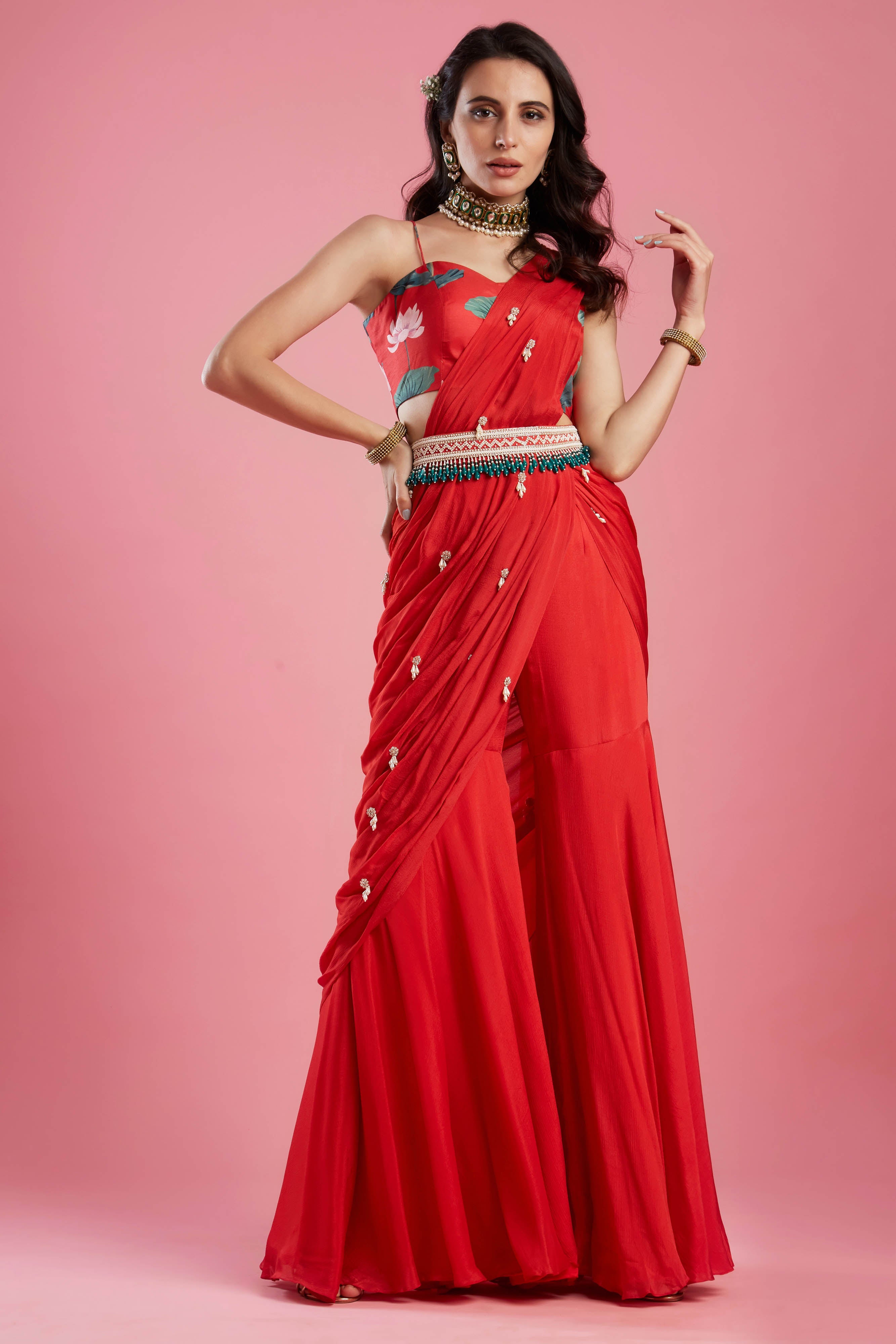 Draped Gharara Sari with bustier and belt