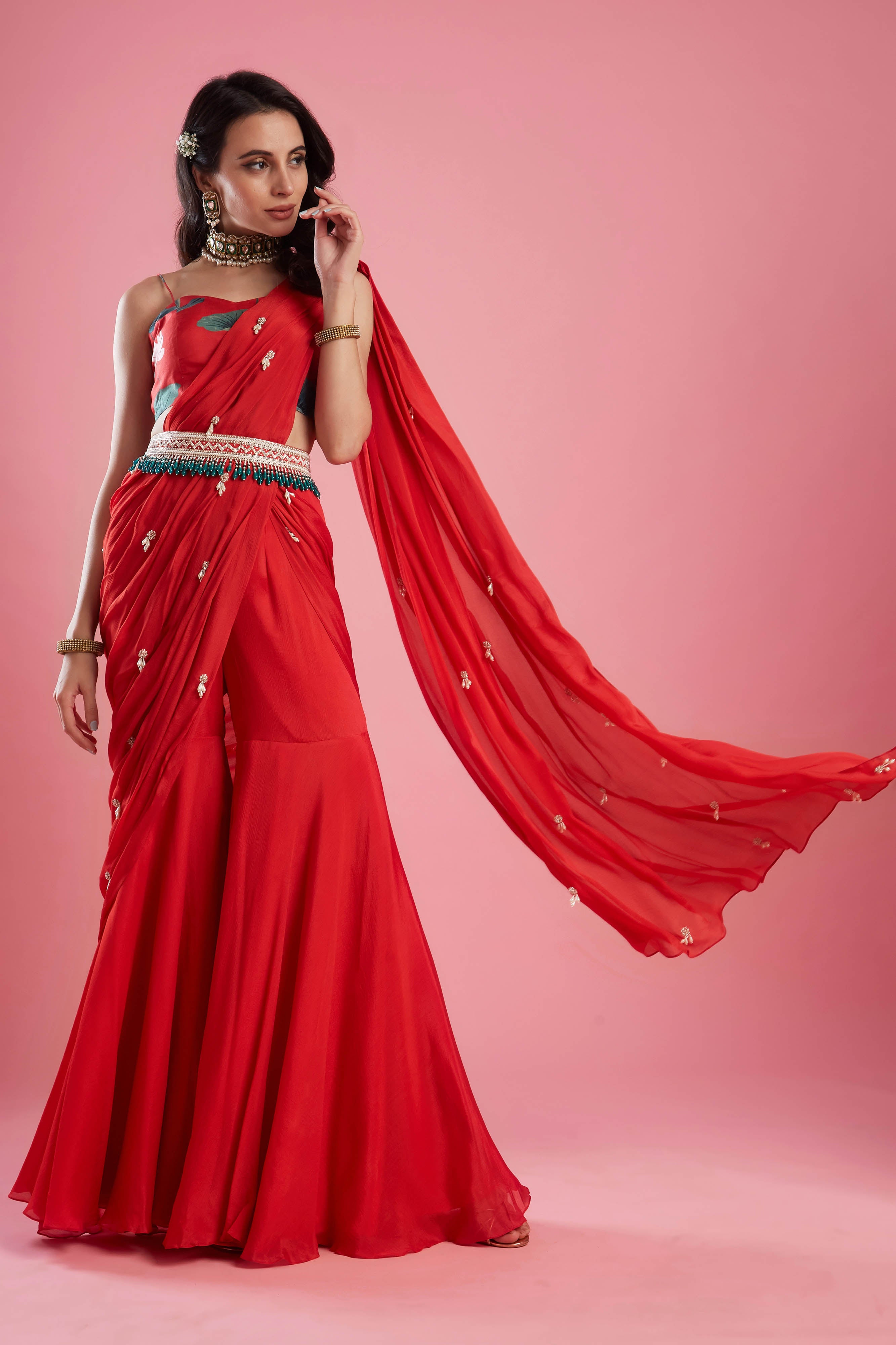 Draped Gharara Sari with bustier and belt