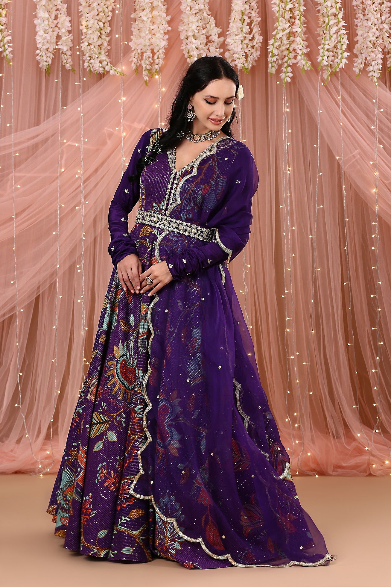 Purple Anarkali with Belt And A Dupatta