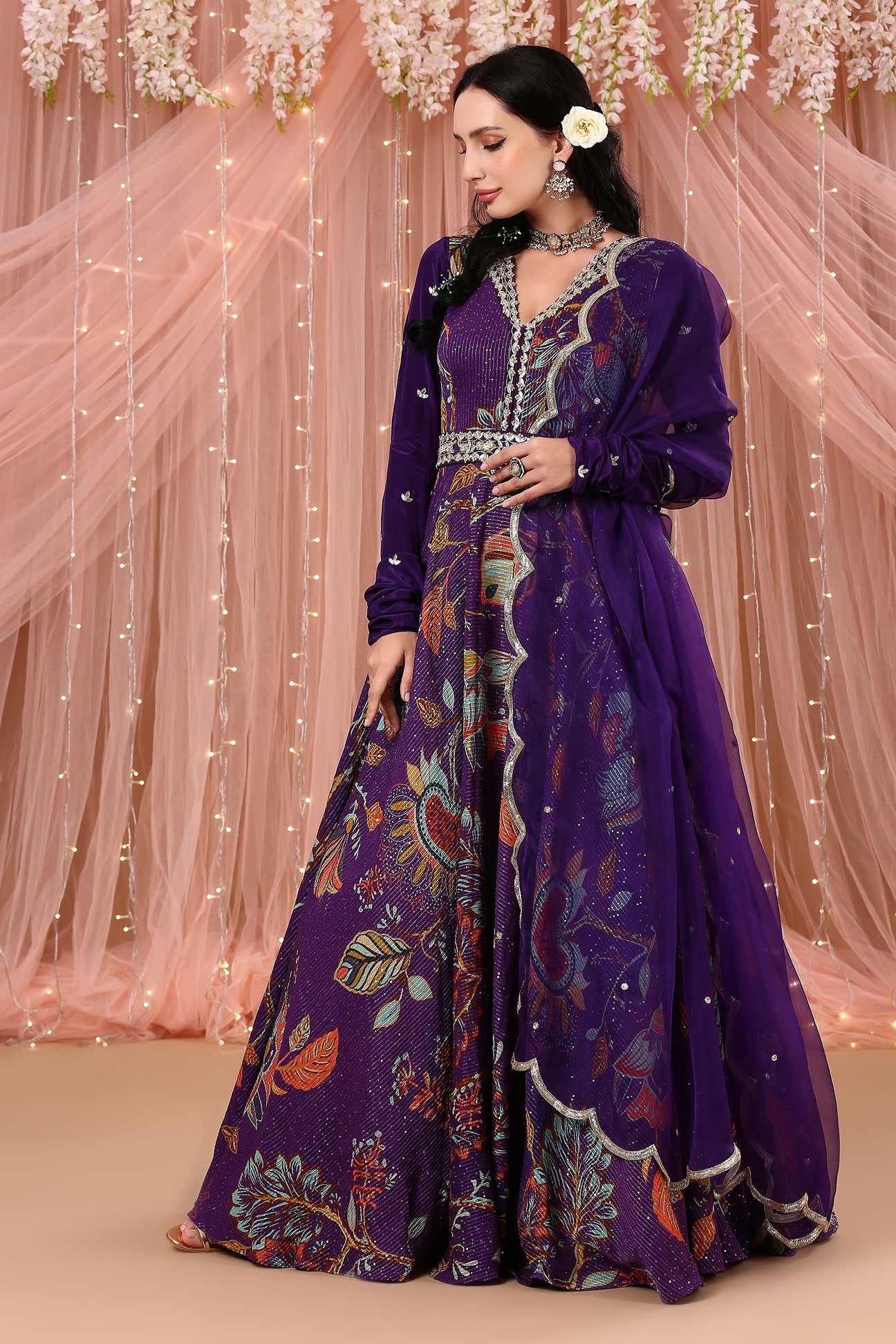 Purple Anarkali with Belt And A Dupatta