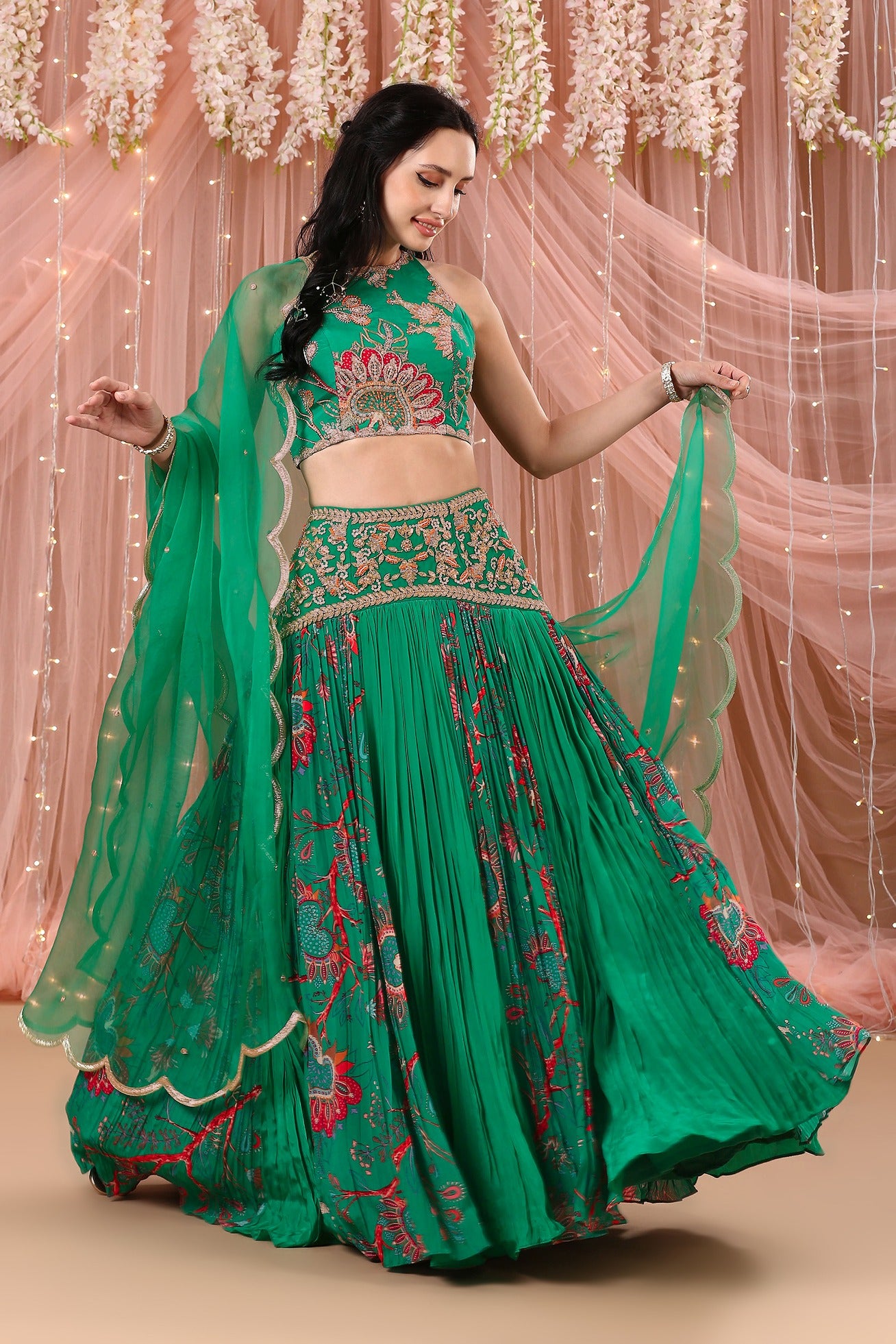 Jade Green Halter Blouse Lehenga Set