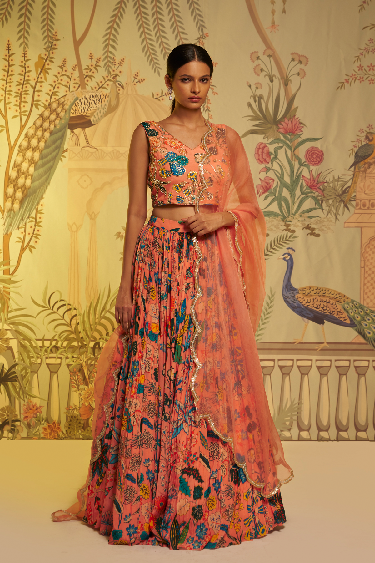 Peach Sleeveless Sitara Lehenga