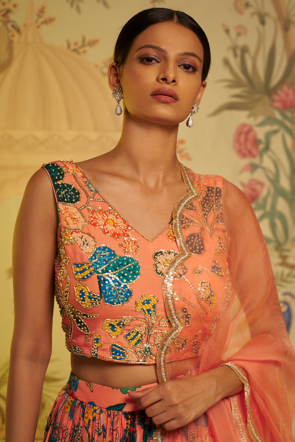 Peach Sleeveless Sitara Lehenga