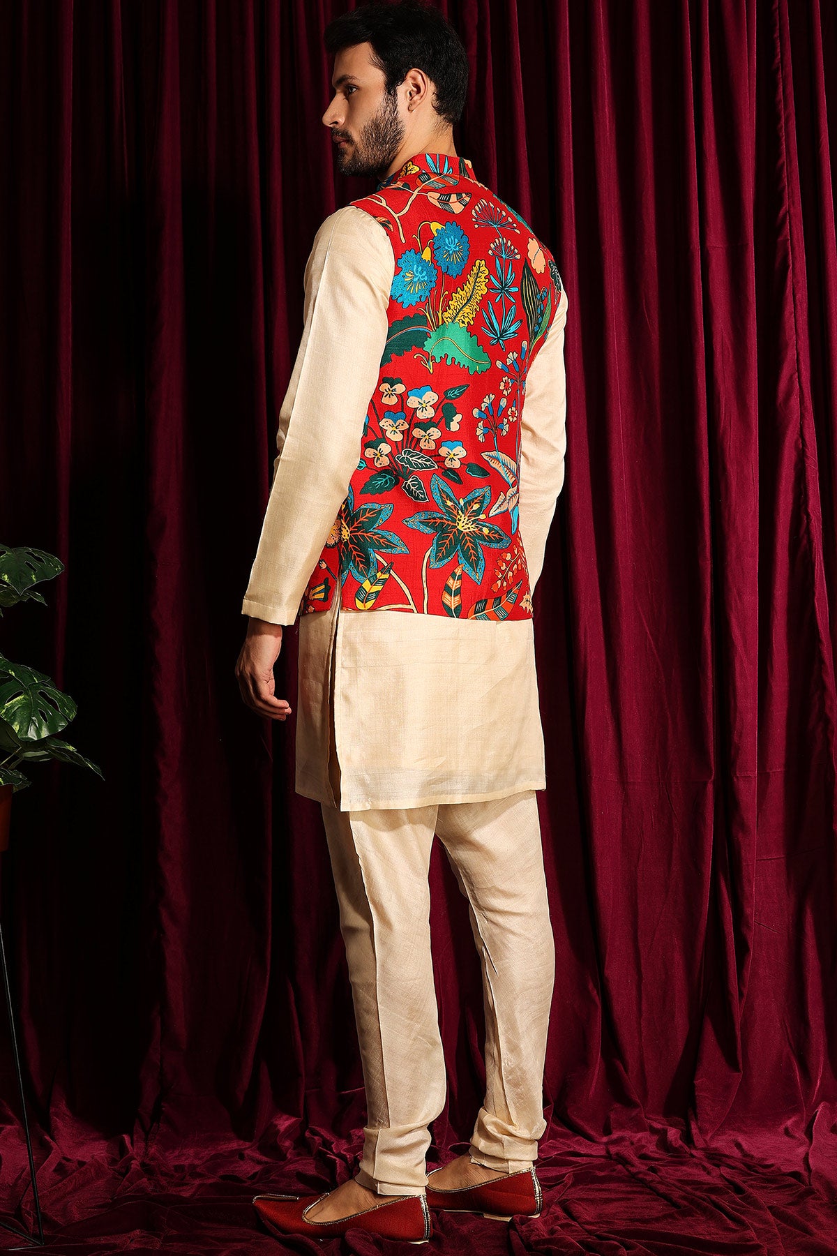 Kurta Churidar With Printed Raw Silk Bundi Set