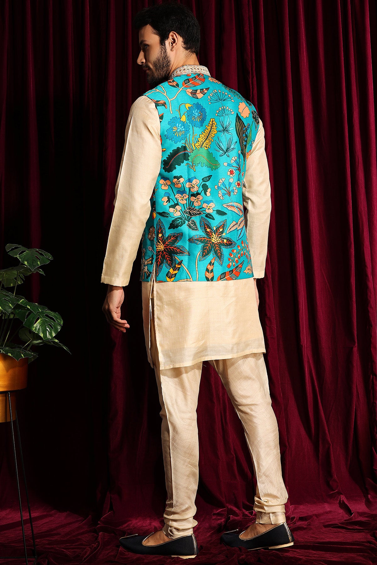 Cotton Silk Kurta Chudidar With Raw Silk Embroidered Bundi Set