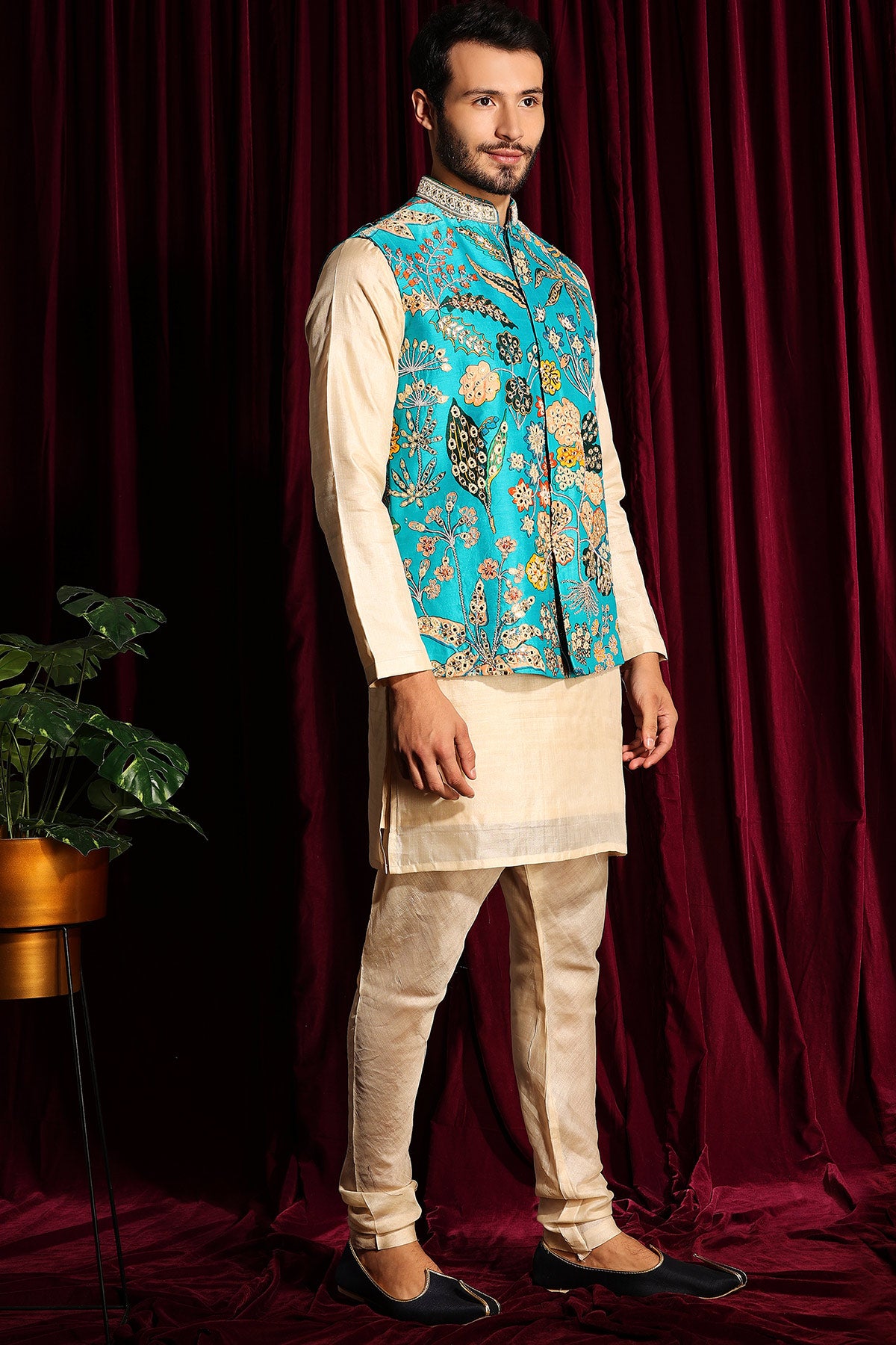 Cotton Silk Kurta Chudidar With Raw Silk Embroidered Bundi Set