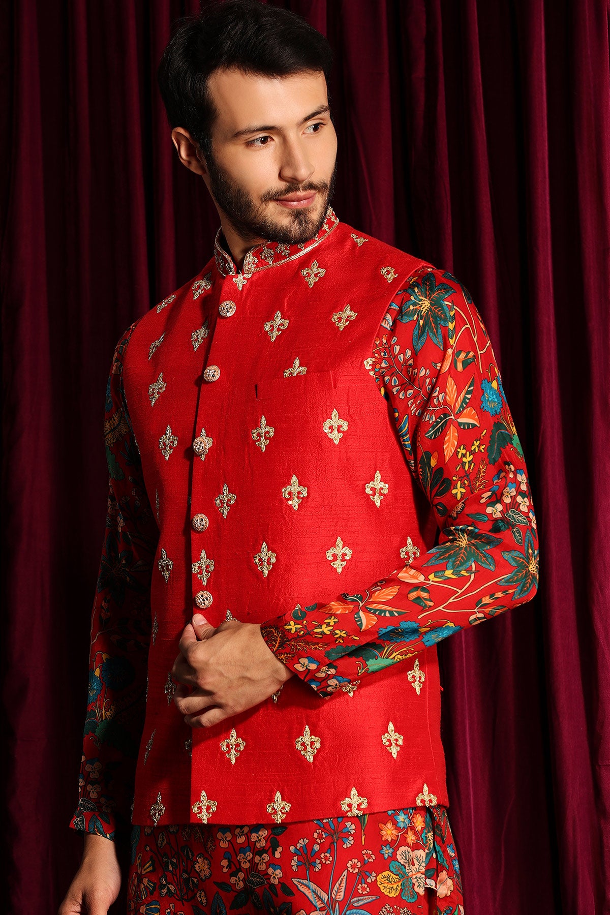 Men's Red Bundi & Kurta Set