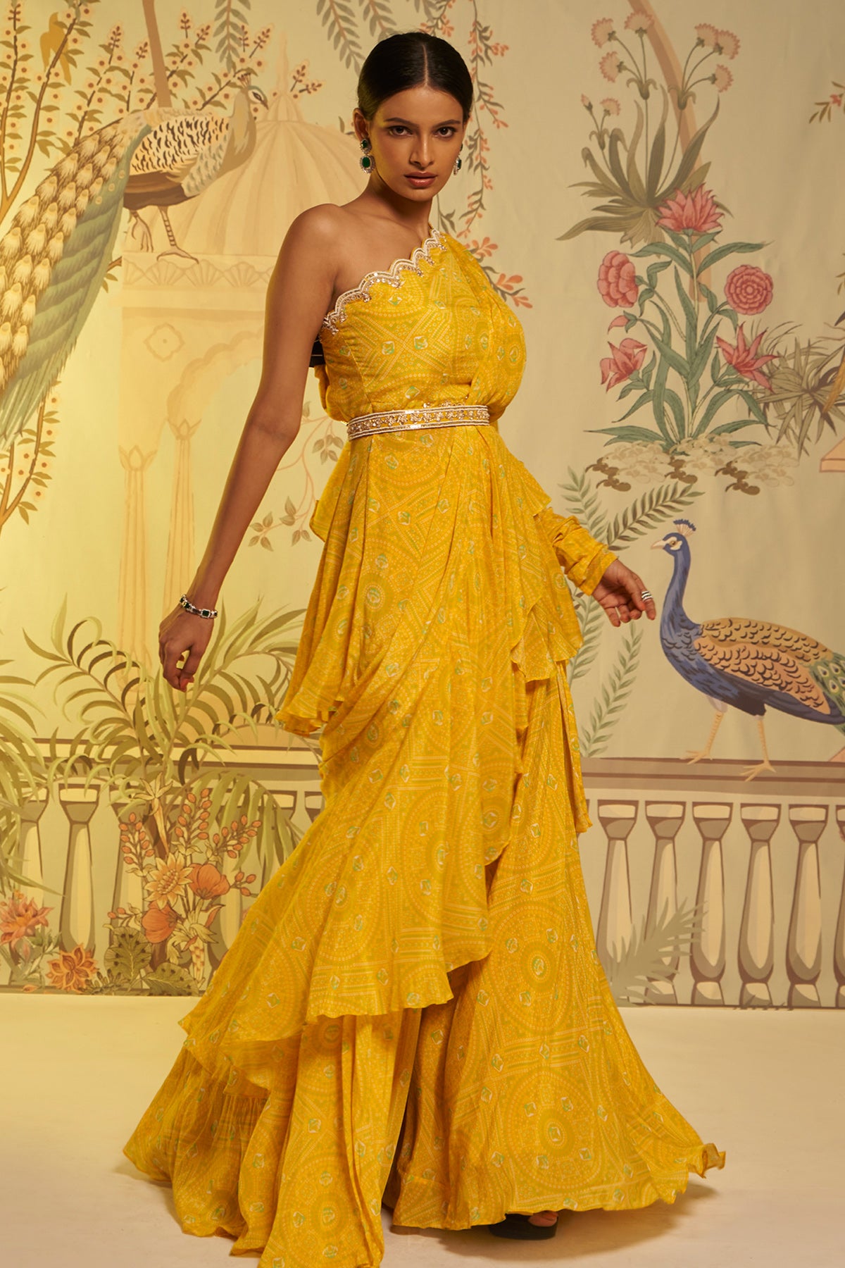 Yellow Bhandhini  Frill Saree