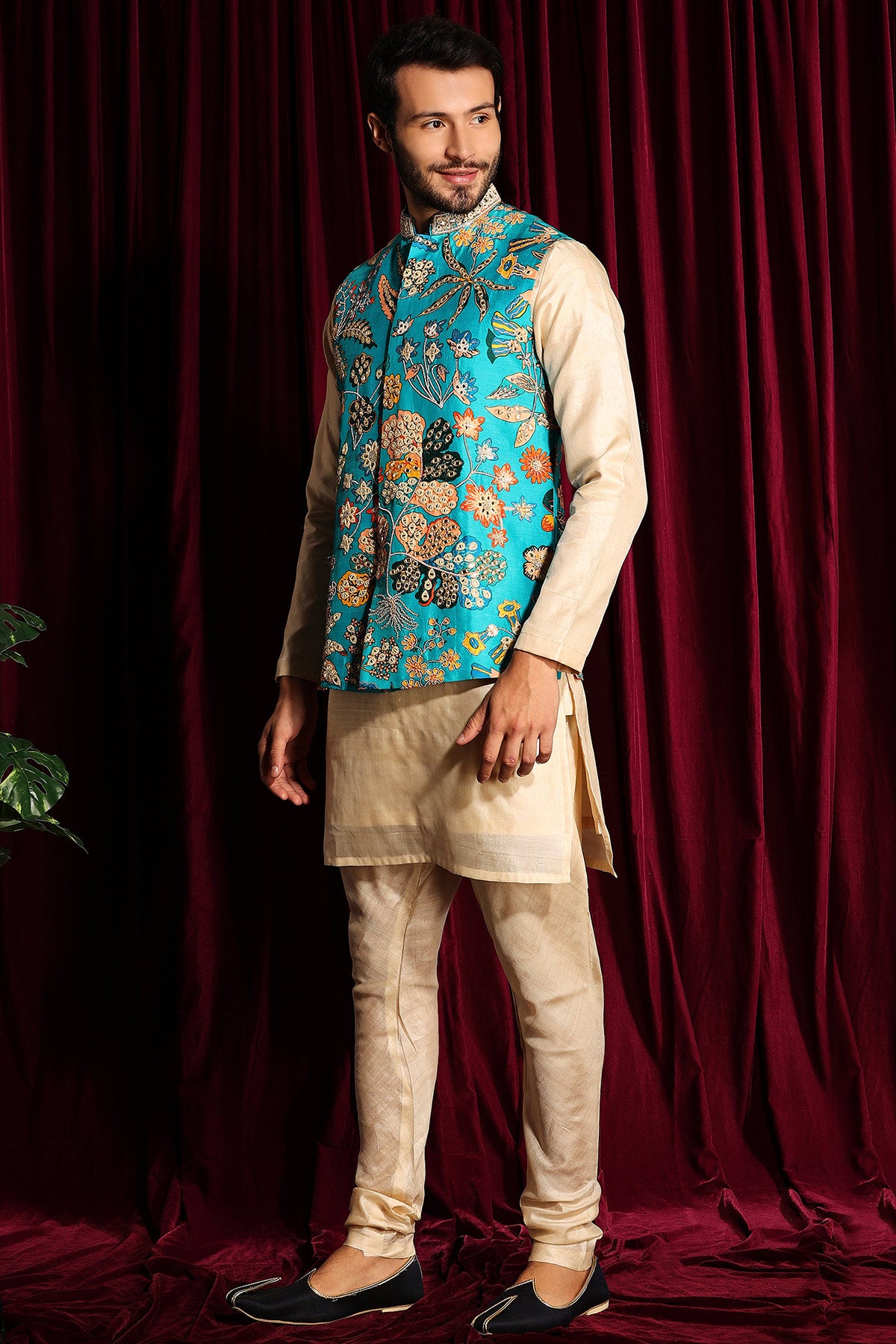 Cotton Silk Kurta Chudidar With Raw Silk Embroidered Bundi Set