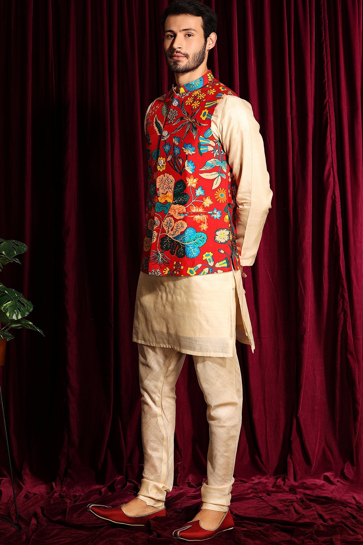 Kurta Churidar With Printed Raw Silk Bundi Set